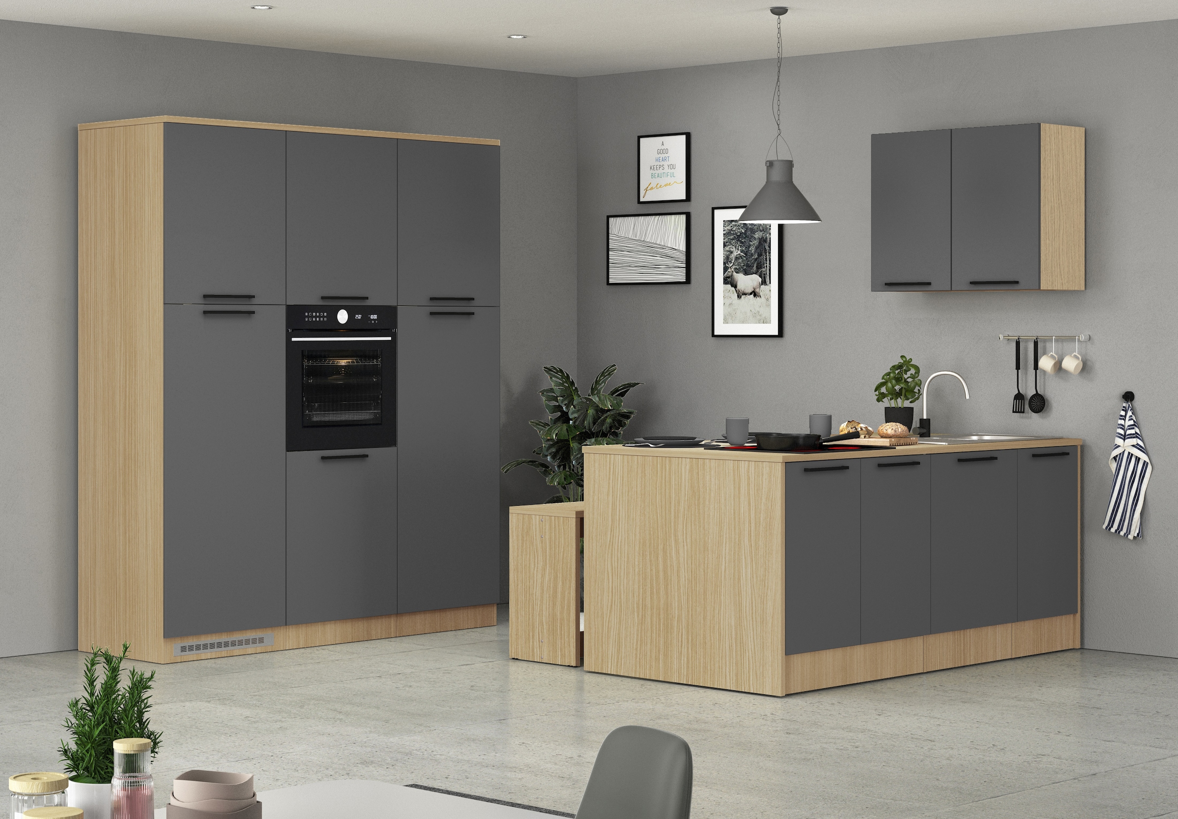 KOCHSTATION Kitchenette »Luna, Küchenblock, Kücheninsel, Hängeschrank, Made in Italy« 3er-Set, Metallgriffe, Soft-Close-Funktion, inklusive Spüle