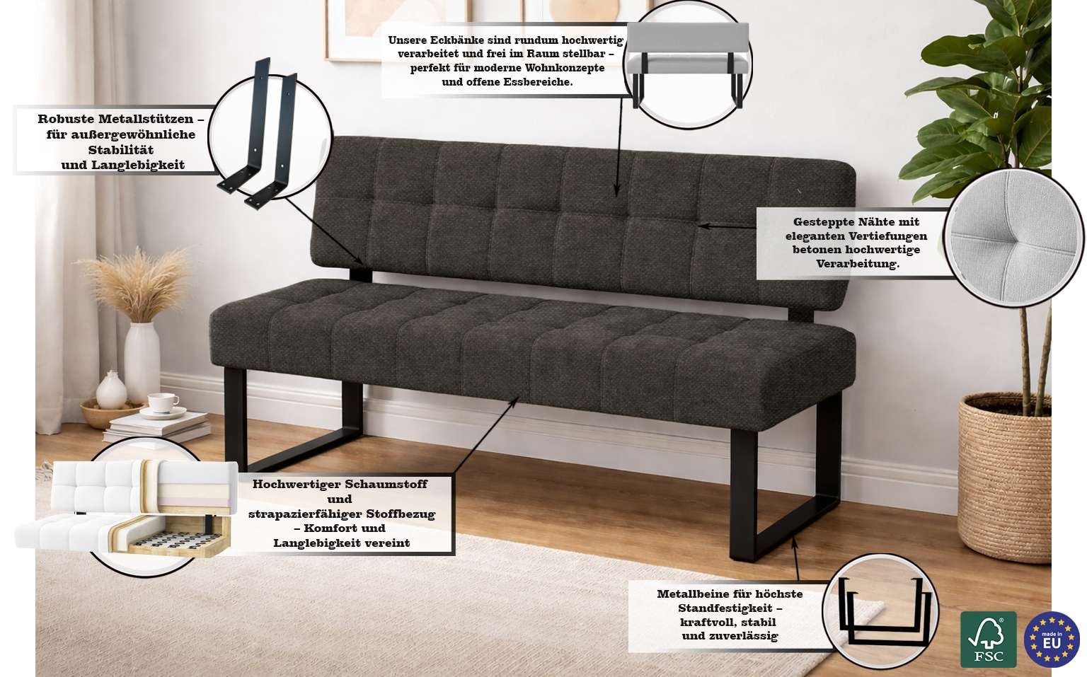 Home affaire Banc »Mia Küchenbank, Polsterbank, Esszimmerbank, 141x64 cm« Moderne Bank und  Farben, Sitzplatzanzahl: 2-3, Frei in Raum stellbar