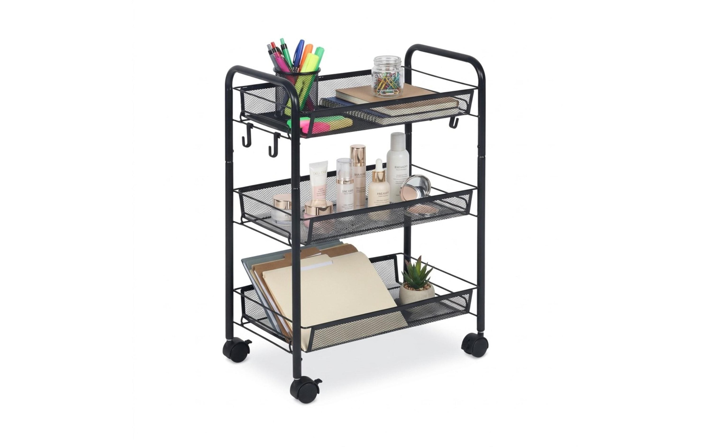 relaxdays Rollwagen »Mesh mit 3 Ebenen 63 x 44,5 x 26 cm« Mobiler Allzweckwagen mit 3 Mesh-Ablagen und 4 Haken in Schwarz