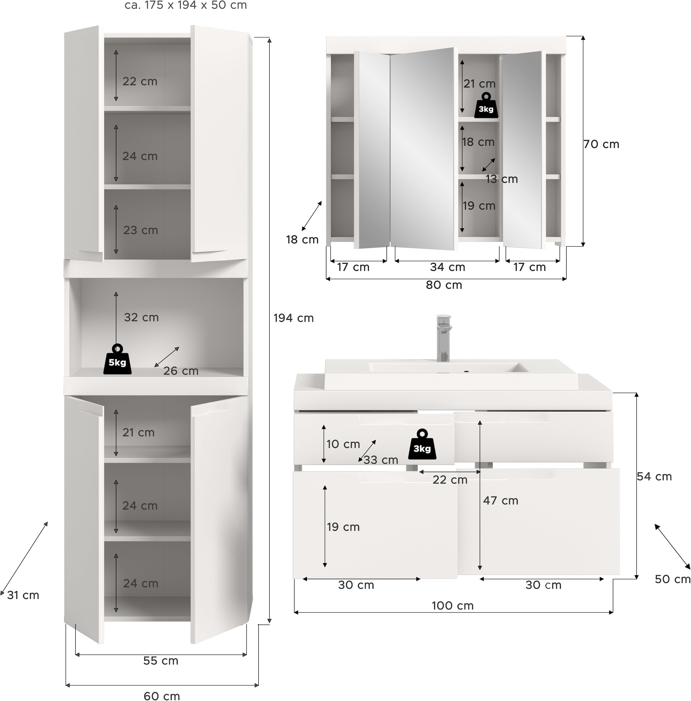 GOODproduct Badmöbel-Set »MAOI, 3-teilige Badkombination, hochwertige MDF Front«