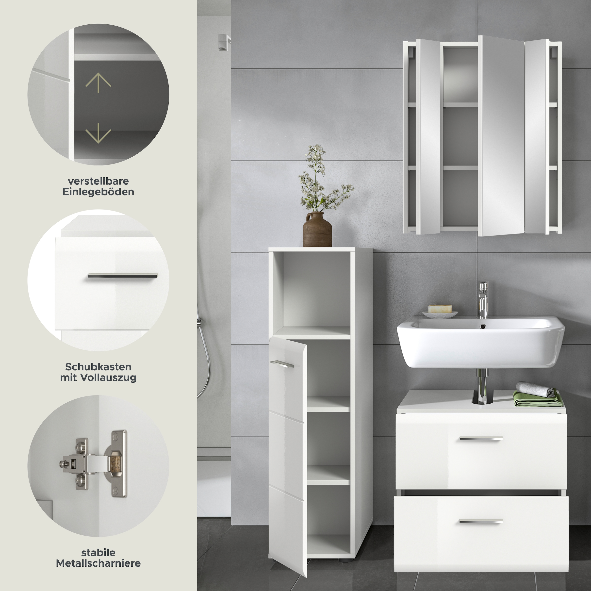 INOSIGN Badmöbel-Set »FLORENZ, TOPSELLER!, 3-teilige Badkombination, hochwertige MDF-Front« best. aus: Midischrank hoch, Waschbeckenunterschrank, Spiegelschrank, 