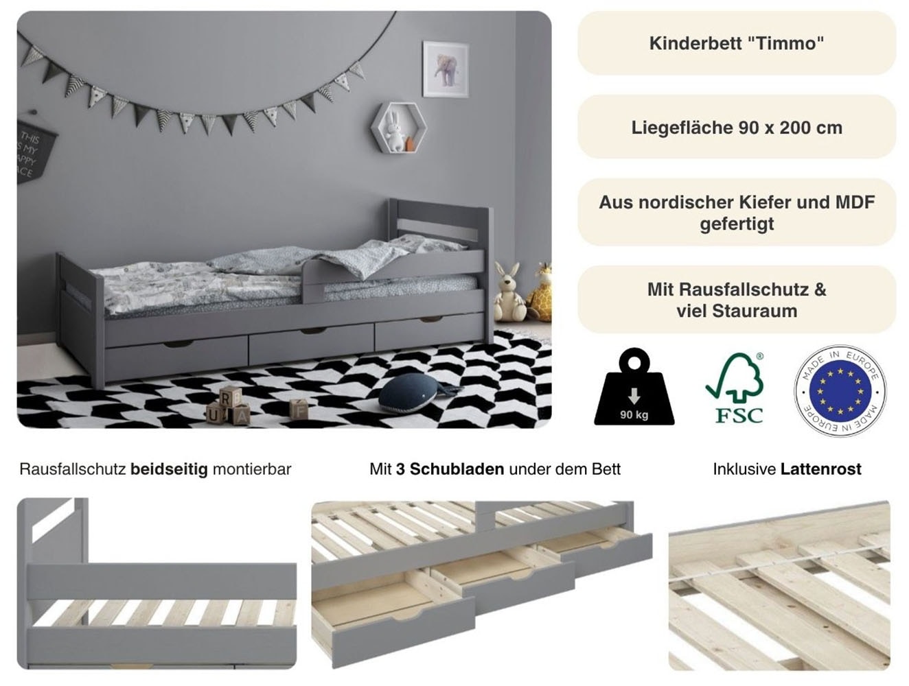 Lüttenhütt Kinderbett »"TIMMO " BESTSELLER, inklusive 3 Schubkästen« bodentief, mit Rausfallschutz, zertifiziertes Massivholz