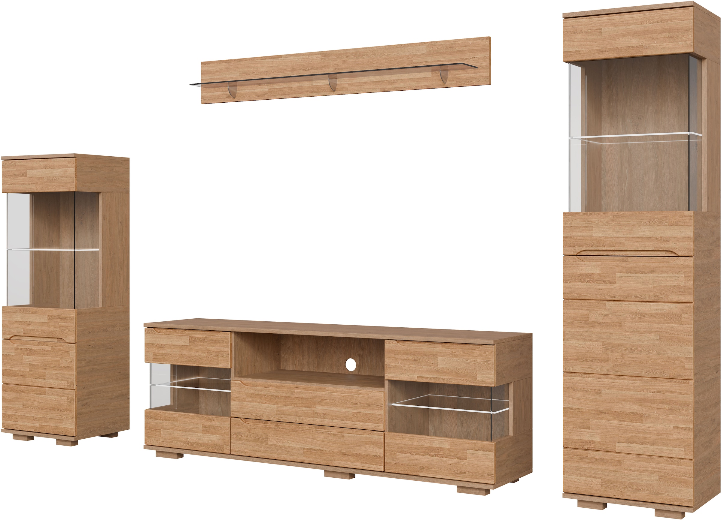 GOODproduct Wohnwand »VETRO: besteht aus 2 Vitrinen, 1 Lowboard & 1 Wandregal, Wohnzimmer.« 4 Stk. tlg.