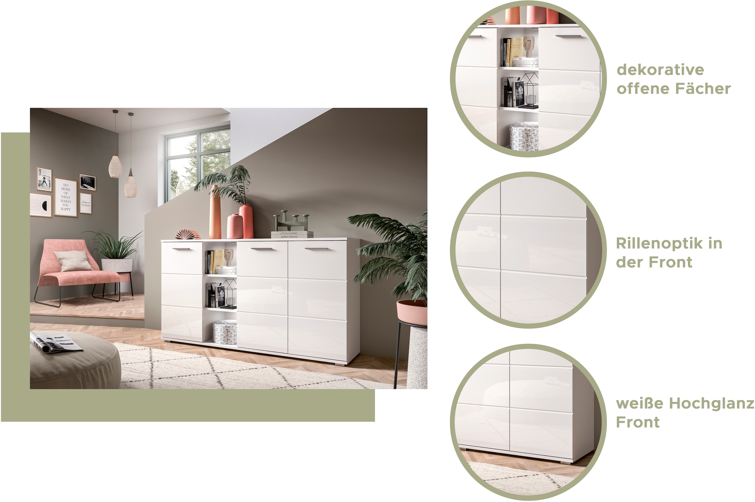 Home affaire Sideboard »Valge, Breite 110 cm, 2 Türen, 4 verstellbare Böden, 3 offene Fächer« Front-Rillenfräsung, Schuhkommode, Anrichte, Schrank, Kommode