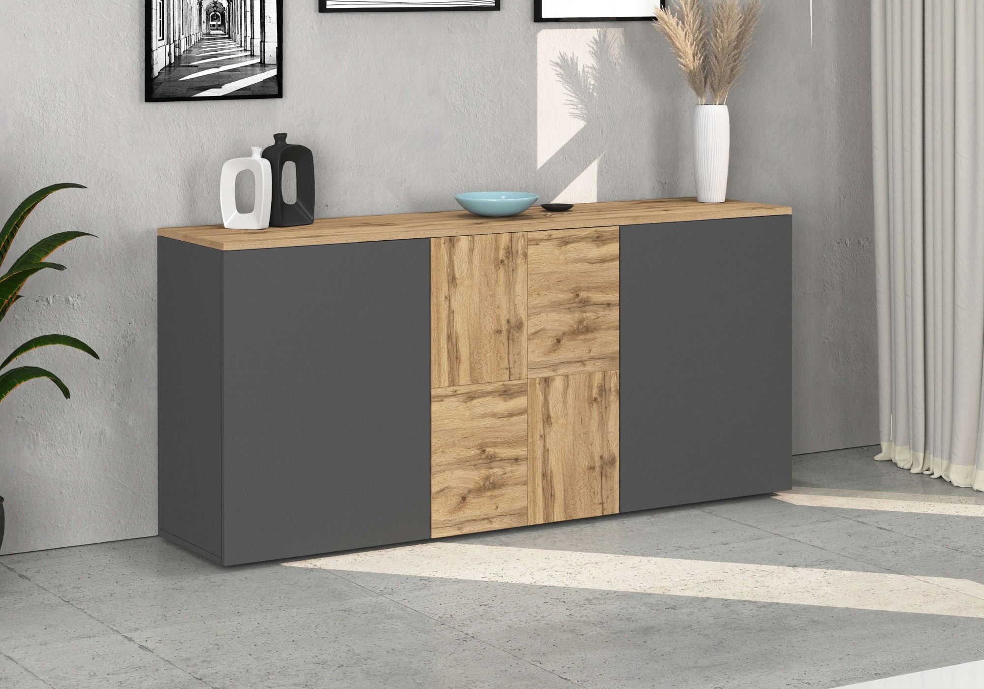 GOODproduct Sideboard »ISEO, Kommode, Schrank, Sideboard, Lowboard, 6 Fächer, Breite 150 cm« 1 Stk. tlg. stehend/hängend, 3 Türen, 6 Fächer, Breite 150 cm
