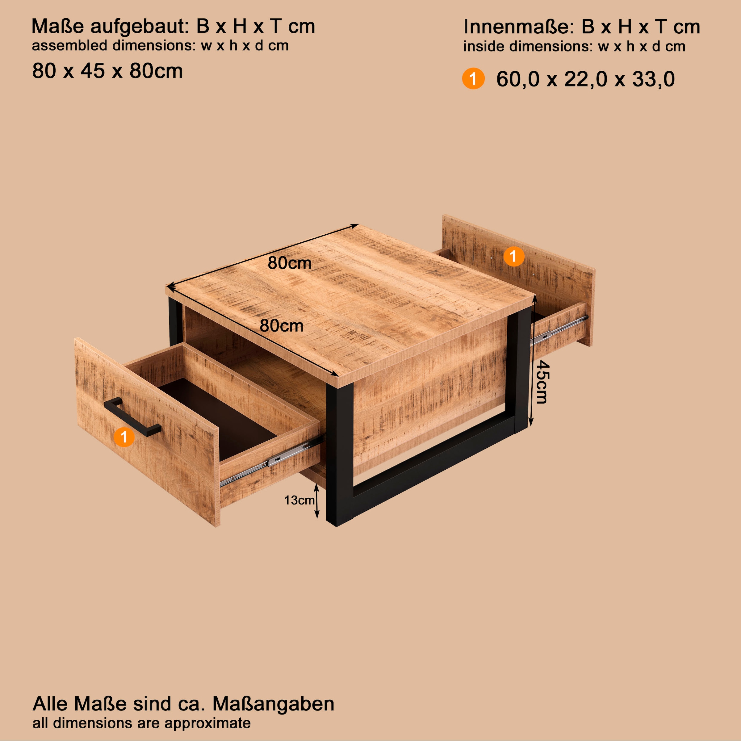 Home affaire Table basse »Elda« 1 cuis tlg. Couchtisch mit 2 Vollauszug Schubladen – (B/T/H) 80/80/45 cm