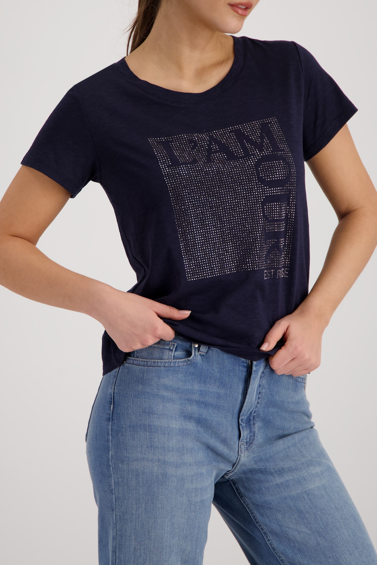 Monari T-Shirt »Shirt Basic Schmuck« Flammgarn-Struktur, Strasssteine, Regular Fit