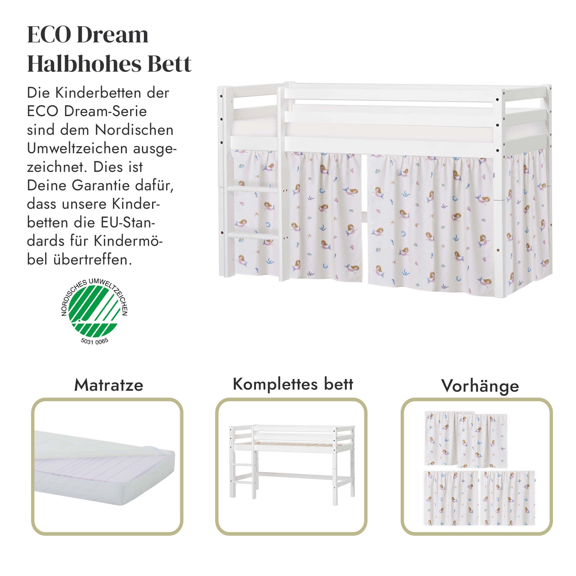 Hoppekids Lit de jeu »ECO Dream, Hochbett, umbaubar in Einzelbett« Massivholzbett mit Meerjungfrau-Vorhang, Matratze & 2 Grössen wählbar