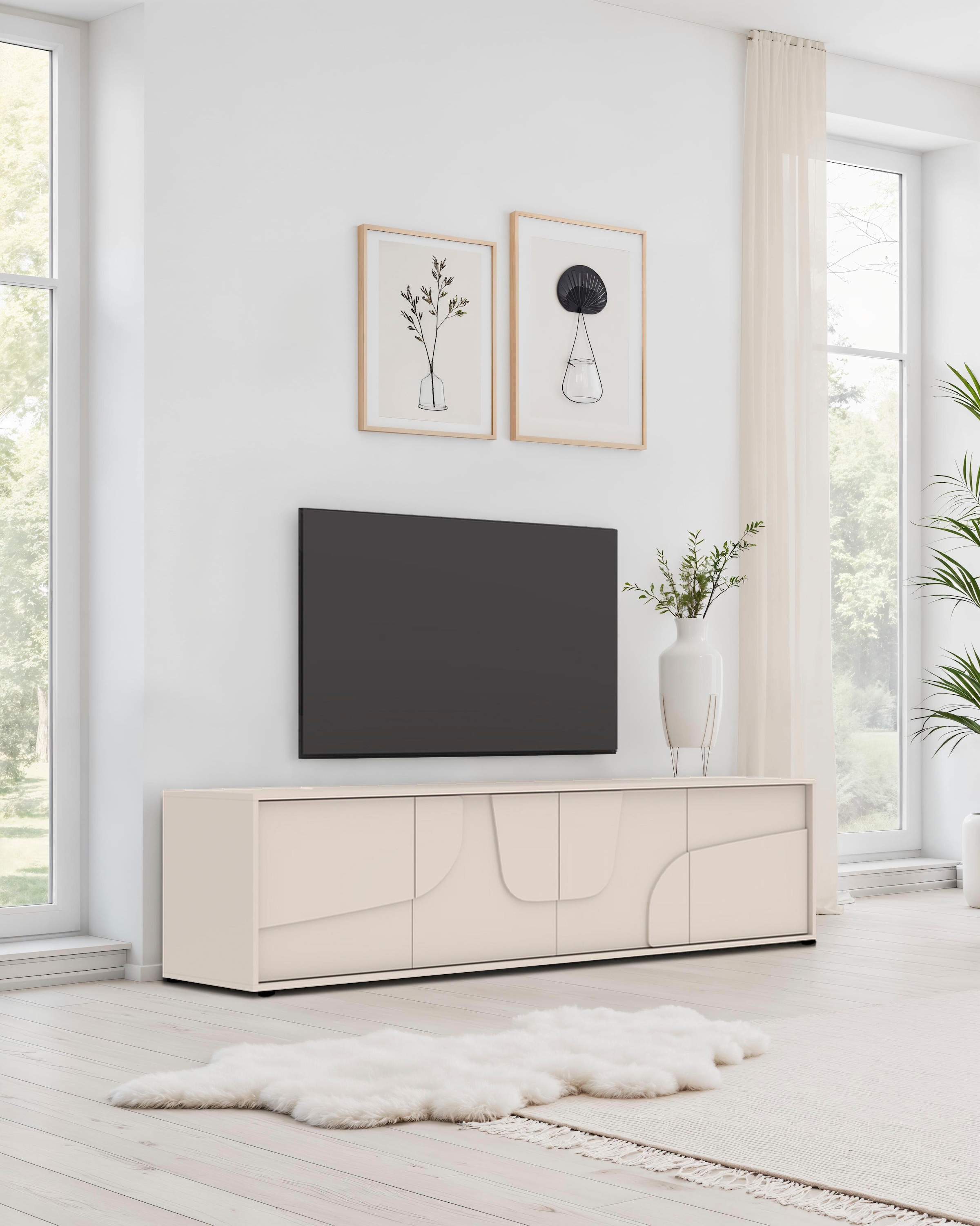 INOSIGN Table basse »Stone, 205 cm breit, 4 Türen, TV-Schrank, TV-Kommode, Medienboard« 3D-Design, Push-to-open, Innenraum grosszügig, Füsse 14/2 cm wählbar