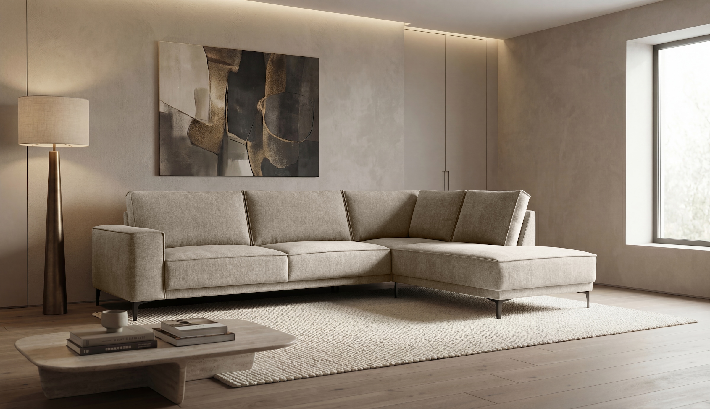GOODproduct Canapé d'angle »OLAND Bouclé L-Form, B: 289 cm, Skandi-Design« structure, tissu plat, microfibre de luxe, bouclé