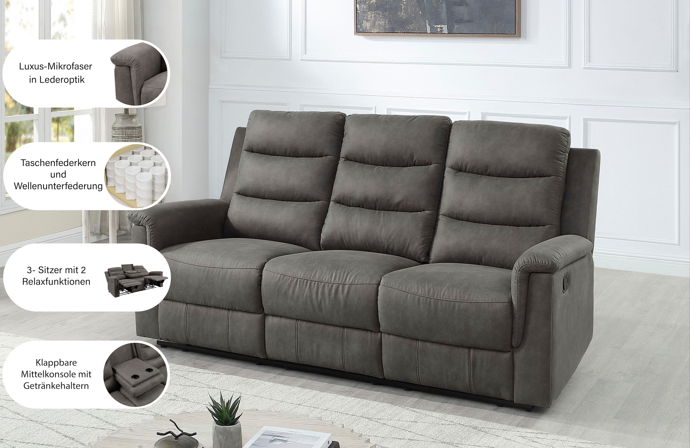 ATLANTIC home collection 3-places »Cliff mit 2 Relaxfunktionen« ressort à noyau et porte-gobelets dans console centrale rabattable