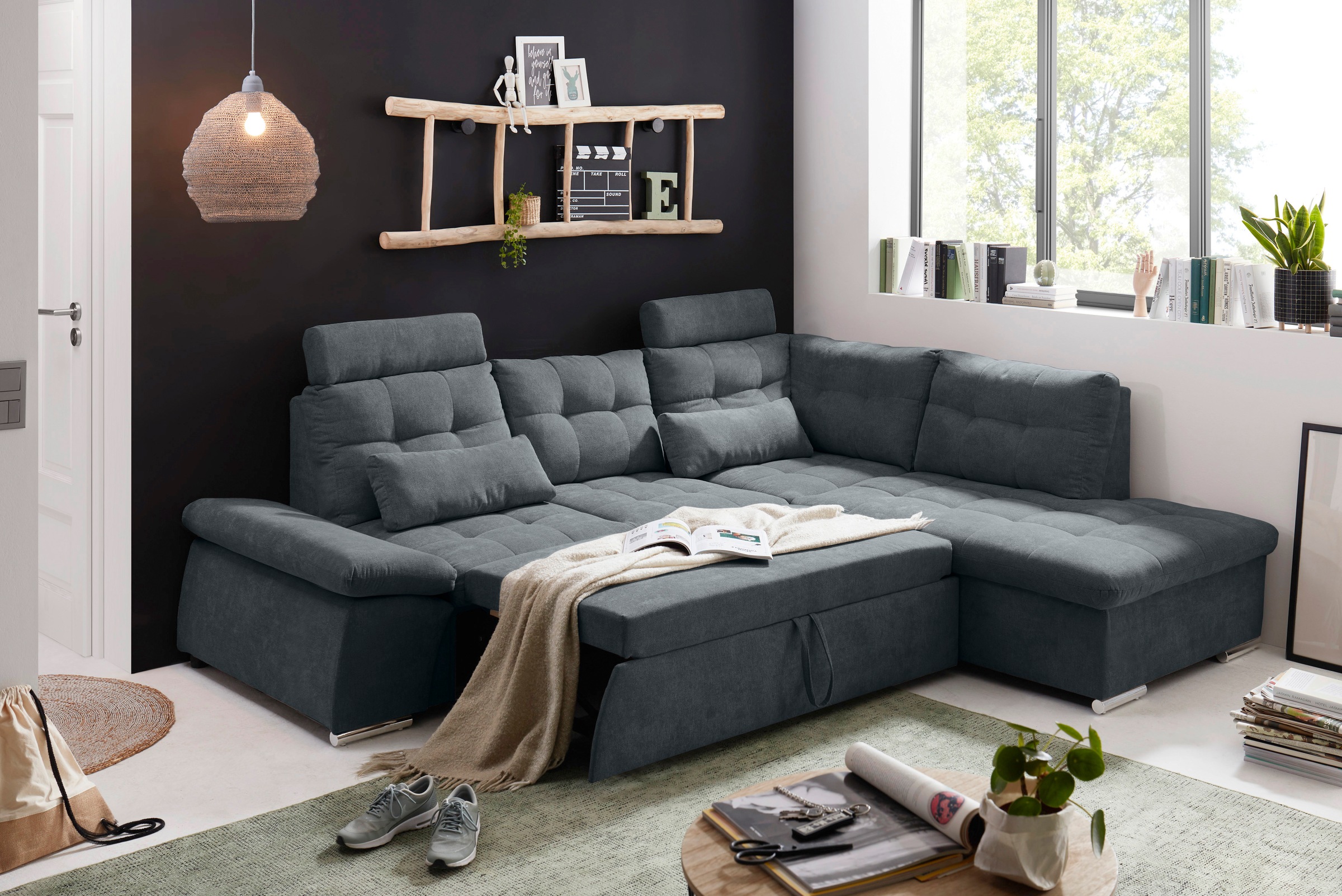 ED EXCITING DESIGN Ecksofa »Nalo L-Form« mit Bettfunktion, Armteilverstellung, Kopfstützen & 2 Nierenkissen