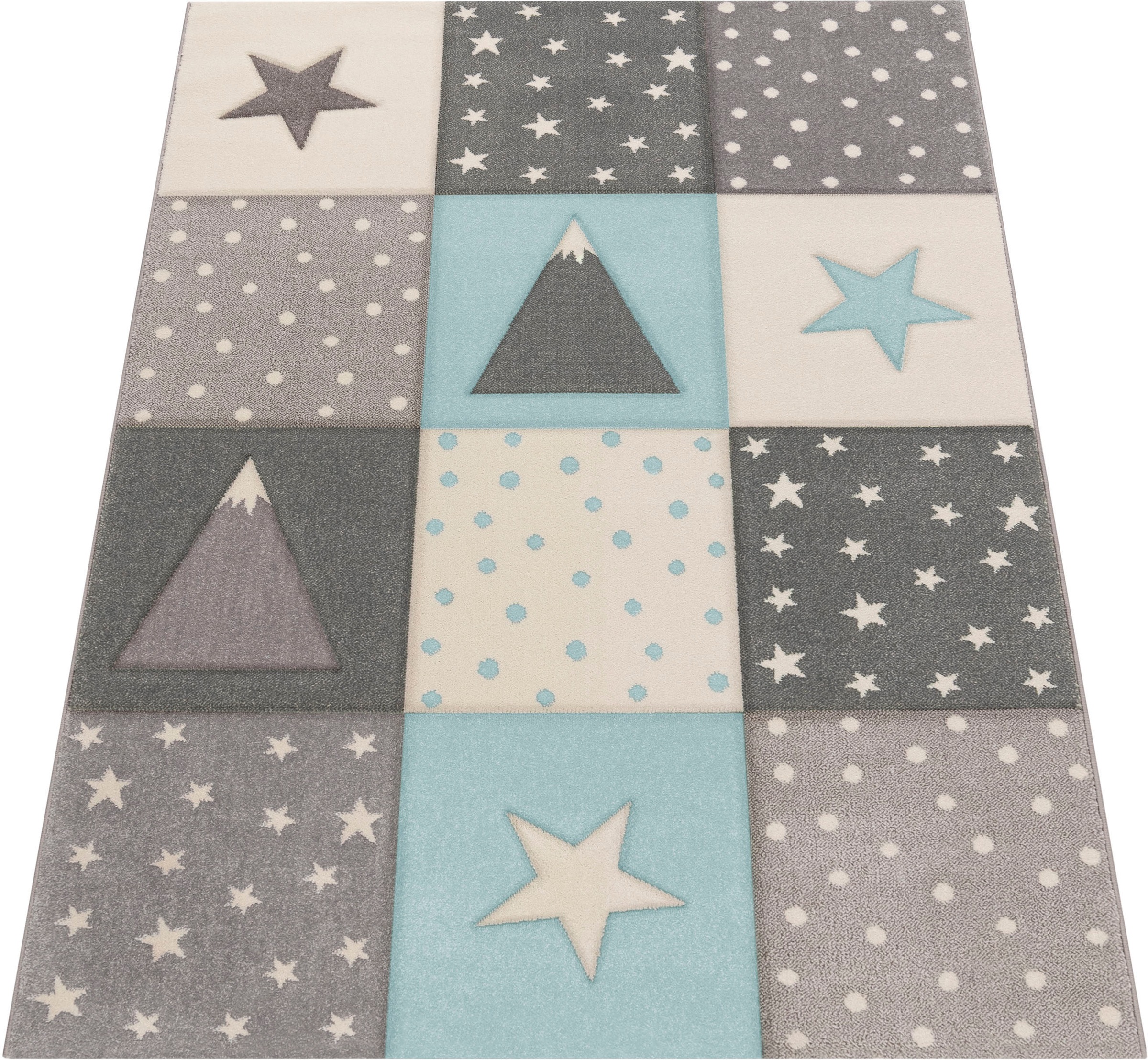 Paco Home Kinderteppich »Cosmo 340« rechteckig 17 mm Höhe Kurzflor, Pastell-Farben, 3D Effekt, Motiv Berge, Punkte & Sterne