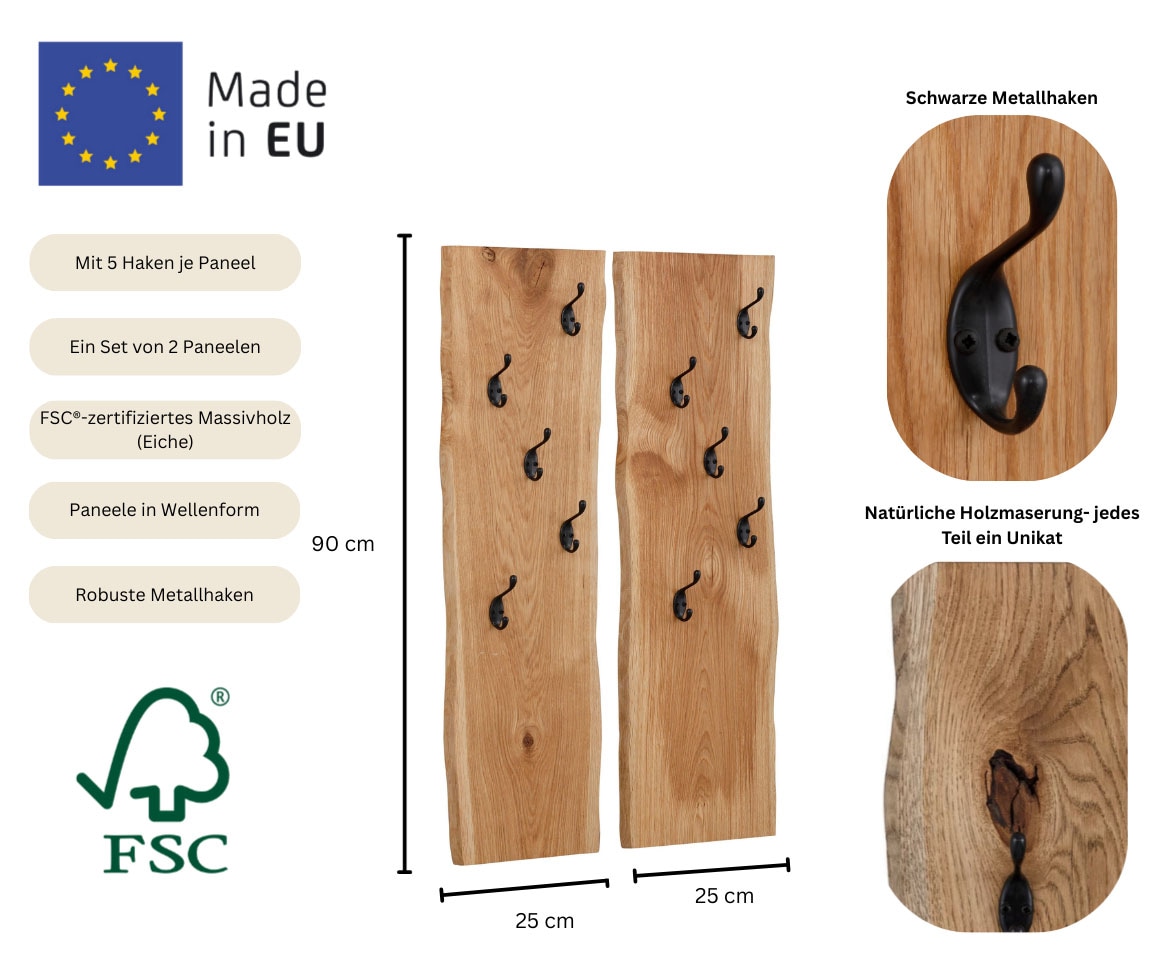 Home affaire Panneau de vestiaire »Brodi« Masse pro Paneel (B/T/H): 25/2/90 cm,  aus massiver Eiche in Wellenform, 2er-Set mit je 5 Metallhaken