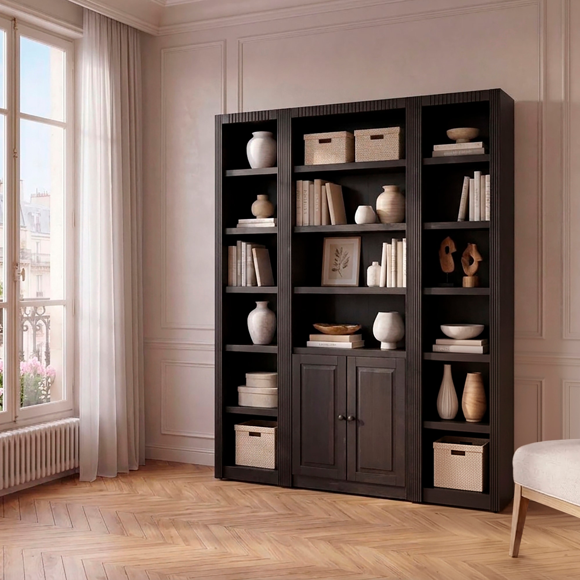 GOODproduct Étagère de séparation »Bergen Bücherrregal, 2 Türen, 9 verstellbare & 6 feste Einlegeböden« en pin massif avec 18 compartiments et 2 portes avec poignées boutons