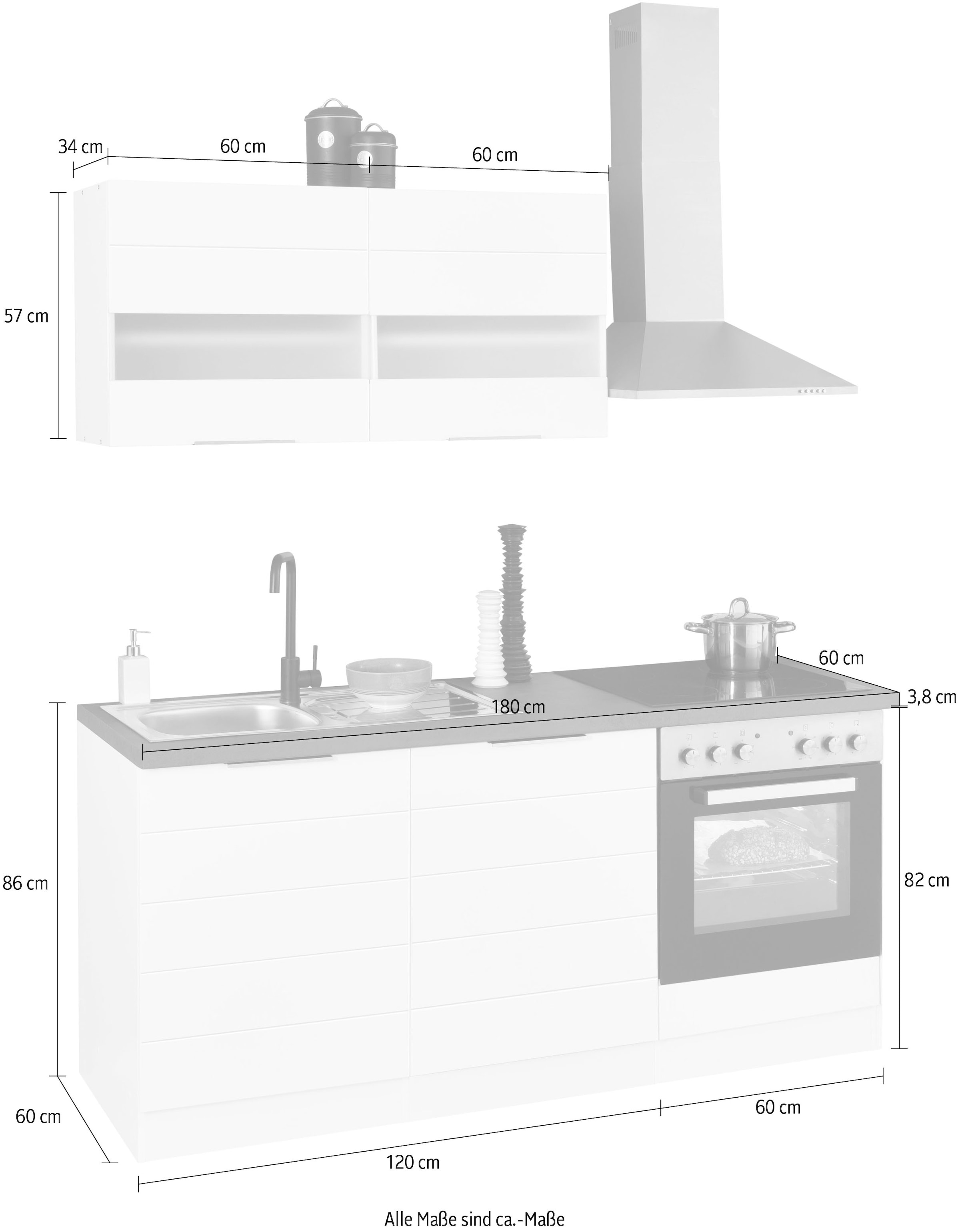 KOCHSTATION »KS-Luhe« 180 cm breit, wahlweise mit oder ohne E-Geräten, gefräste MDF-Fronten