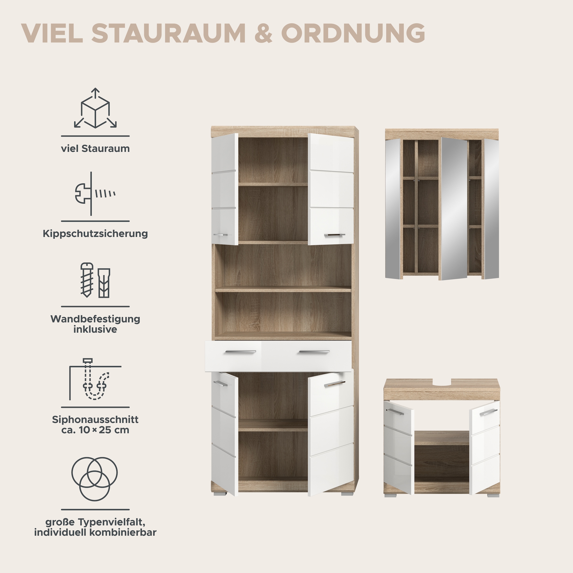 INOSIGN Ensemble de meubles de salle de bain »SIENA, TOPSELLER!, Breite 149cm, 3-teiliges Set« Set, bestehend aus: Hochschrank, Waschbeckenunterschrank & Spiegelschrank, 3 cuis tlg.