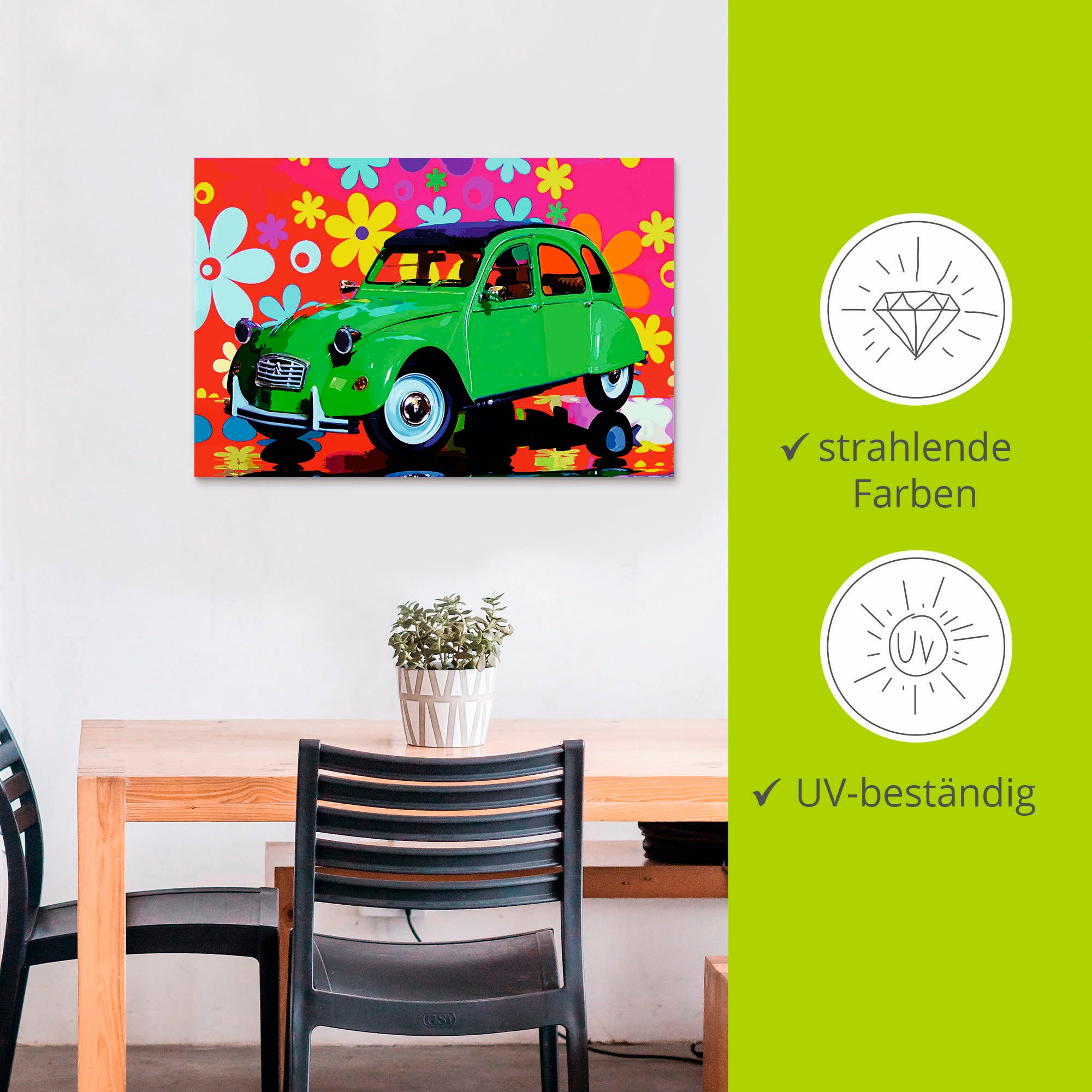 Artland Alu-Dibond-Druck »CitroÃ«n 2CV grün« Auto 1 Stk. tlg. für Innen- und Aussenbereich geeignet, Outdoorbild