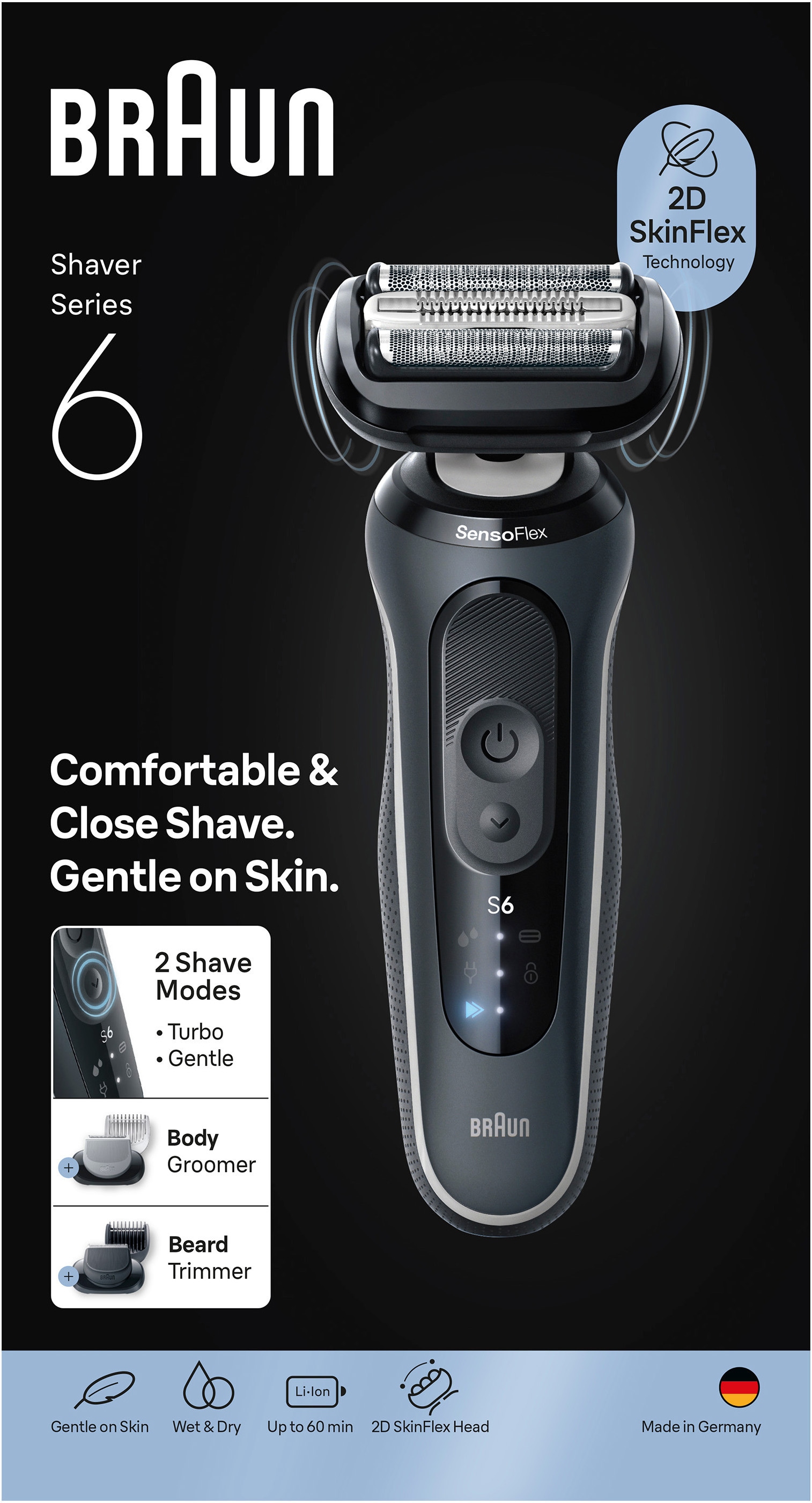 Braun Rasoirs électriques »Series 6 62-G1650s« 2 cuis Aufsätze 100% étanche, +2 embouts, jusqu’à 60 min batterie, Made in Germany