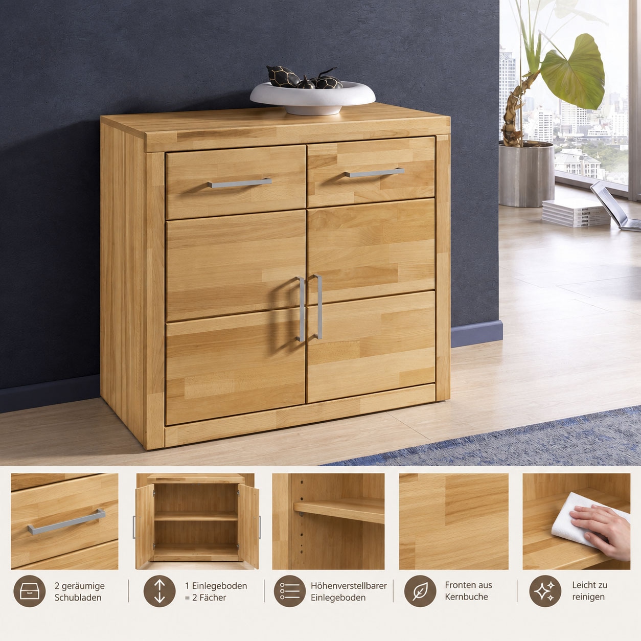 GOODproduct Kommode »Logo,90cm breit,42 cm tief, Fronten Massivholz,2 Türen,2 Schubladen« Holz massiv, Holzwerkstoff,2 breite Fächer,Boden versetzbar