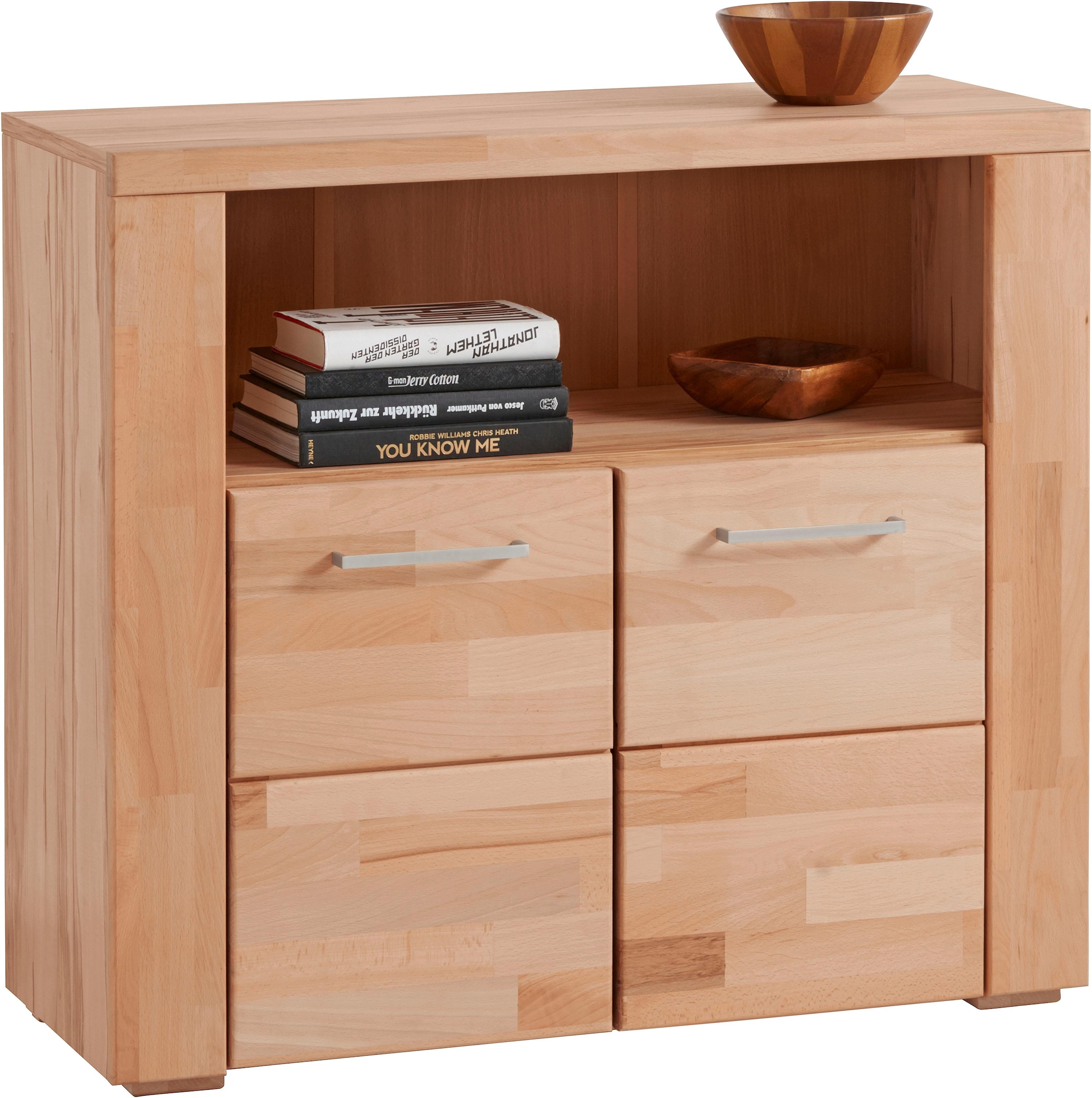 Home affaire Commode »Celle,90cm breit,35 cm tief, Fronten Massivholz« Holz massiv, Holzwerkstoff, Metall Griffe,3 breite Fächer