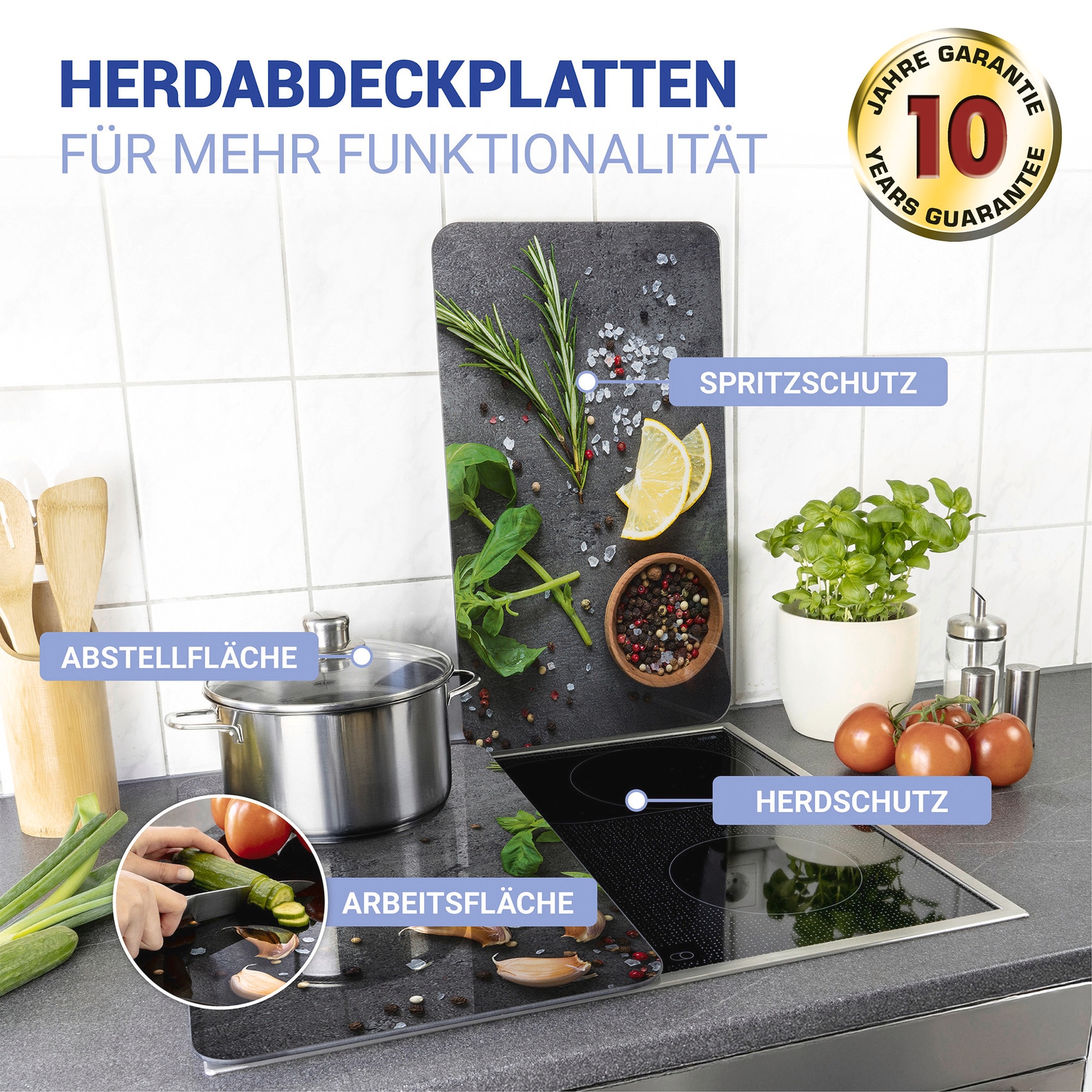 WENKO Herd-Abdeckplatte »Universal Modell Kräuter« Herdabdeckung für alle Herdarten, kratzfest, mit rutschfesten Füssen
