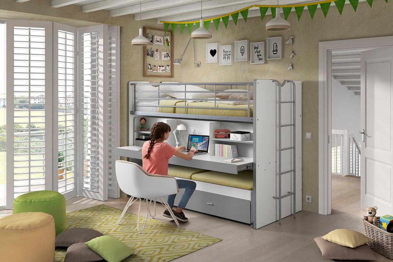 Vipack Lit superposé »Bonny, mit 3 Schlafgelegenheiten, super praktisch im Kinderzimmer« L/H/P env. 222x161x102 cm, surface décor, différentes couleurs,  avec grande tablette d’écriture, étagères, beaucoup de fonctions dans un petit espace
