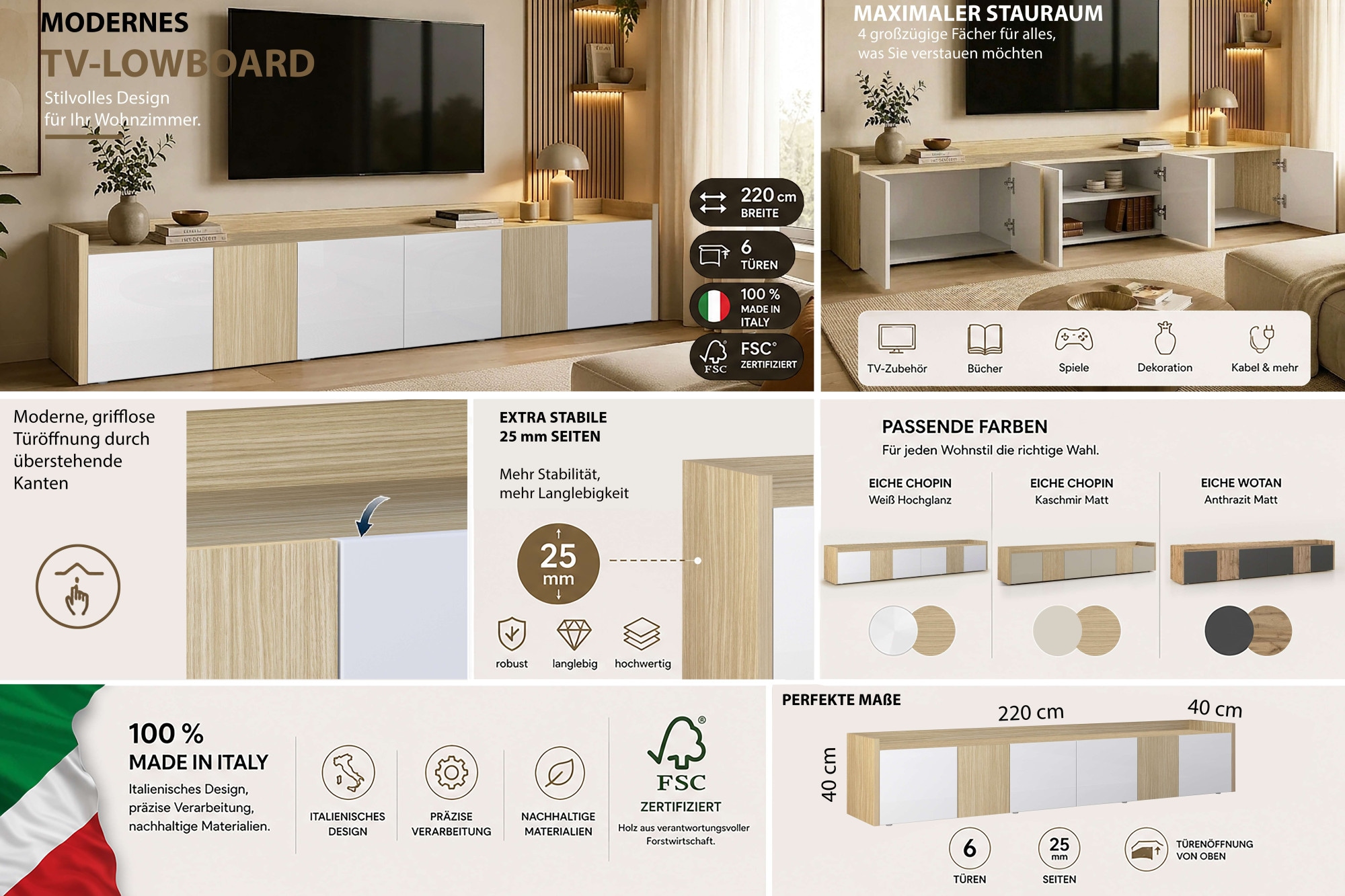 GOODproduct Lowboard »Lowboard ALTEA,Lowboard,TV-Kommode,TV-Möbel,TV-Bank« 1 Stk. tlg. Mit 6 Drehtüren, 4 Innenfächer, B.220 cm