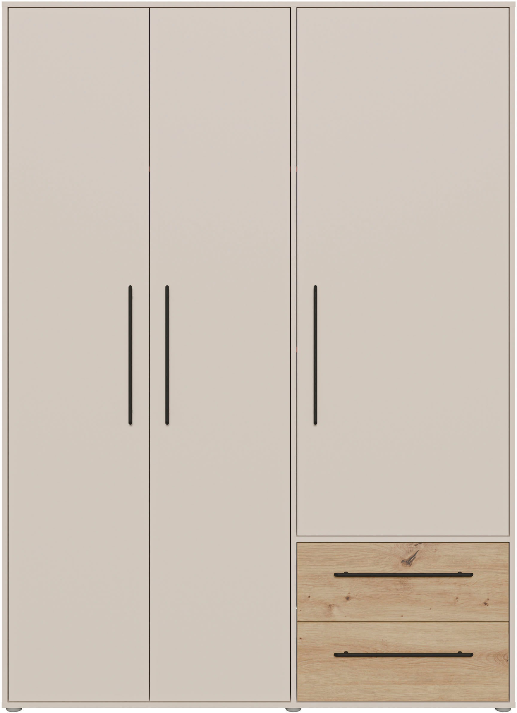 FORTE Armoires à vêtements »Mokkaris , Garderobe, zeitloses Design, 3 Türen, Made in Europe« L/H/P env. 144x200x59 cm,  Deux tiroirs, poignées barres noires, rangement, aussi en noir