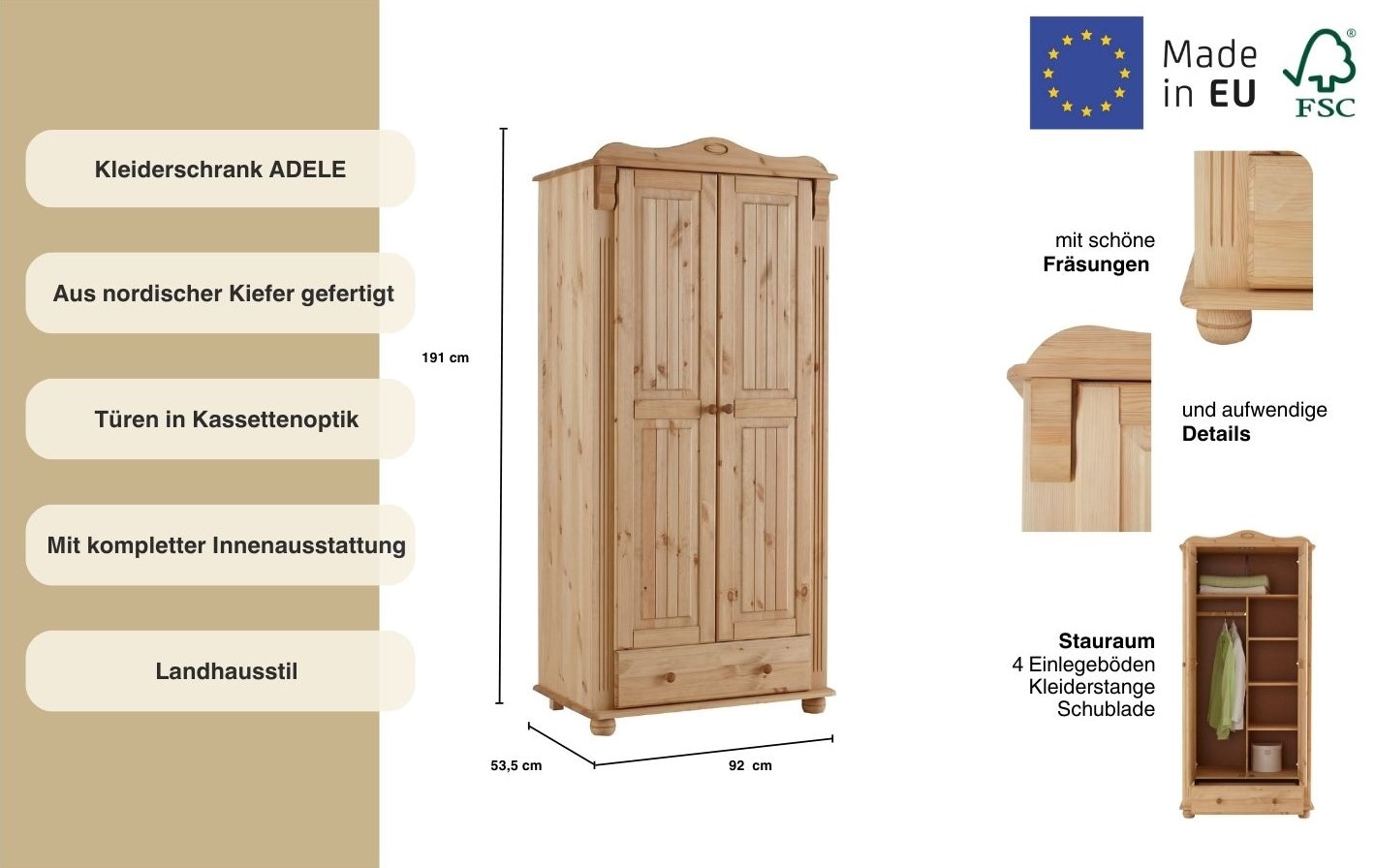 GOODproduct Kleiderschrank »Adele« 4 Breiten: 92/130/169/207  H/T ca. 191/54 cm,  aus massiver Kiefer,Spiegel beim 4-und 5-trg.Schrank, Innenausstattung