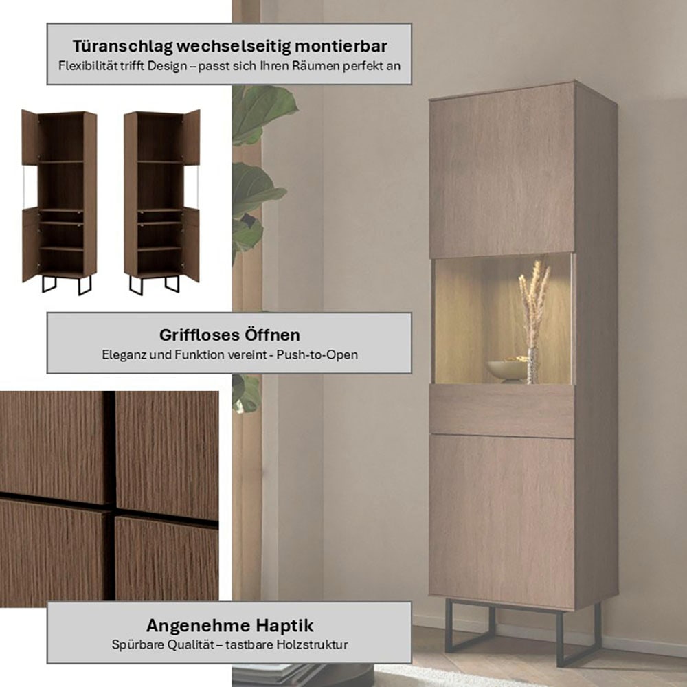 Home affaire Vitrines »Lund, moderner Hochschrank, Glasvitrine mit Kufengestell aus Metall« surface supérieure visuellement fine, aspect haut de gamme, espace de rangement suffisant