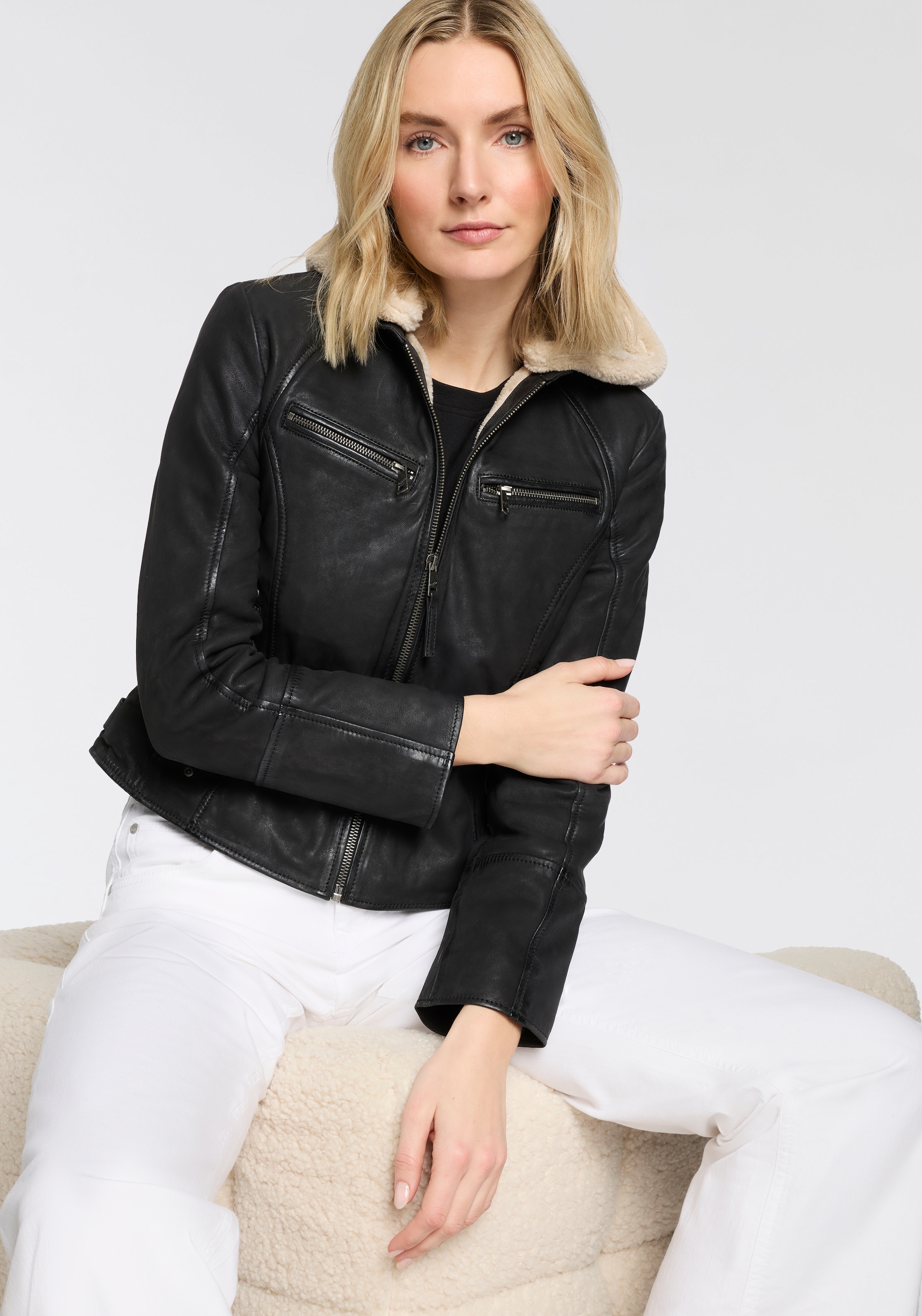 Mauritius Lederjacke »MWNedra« mit Kapuze mit abknöpfbarer Teddyplüsch-Kapuze