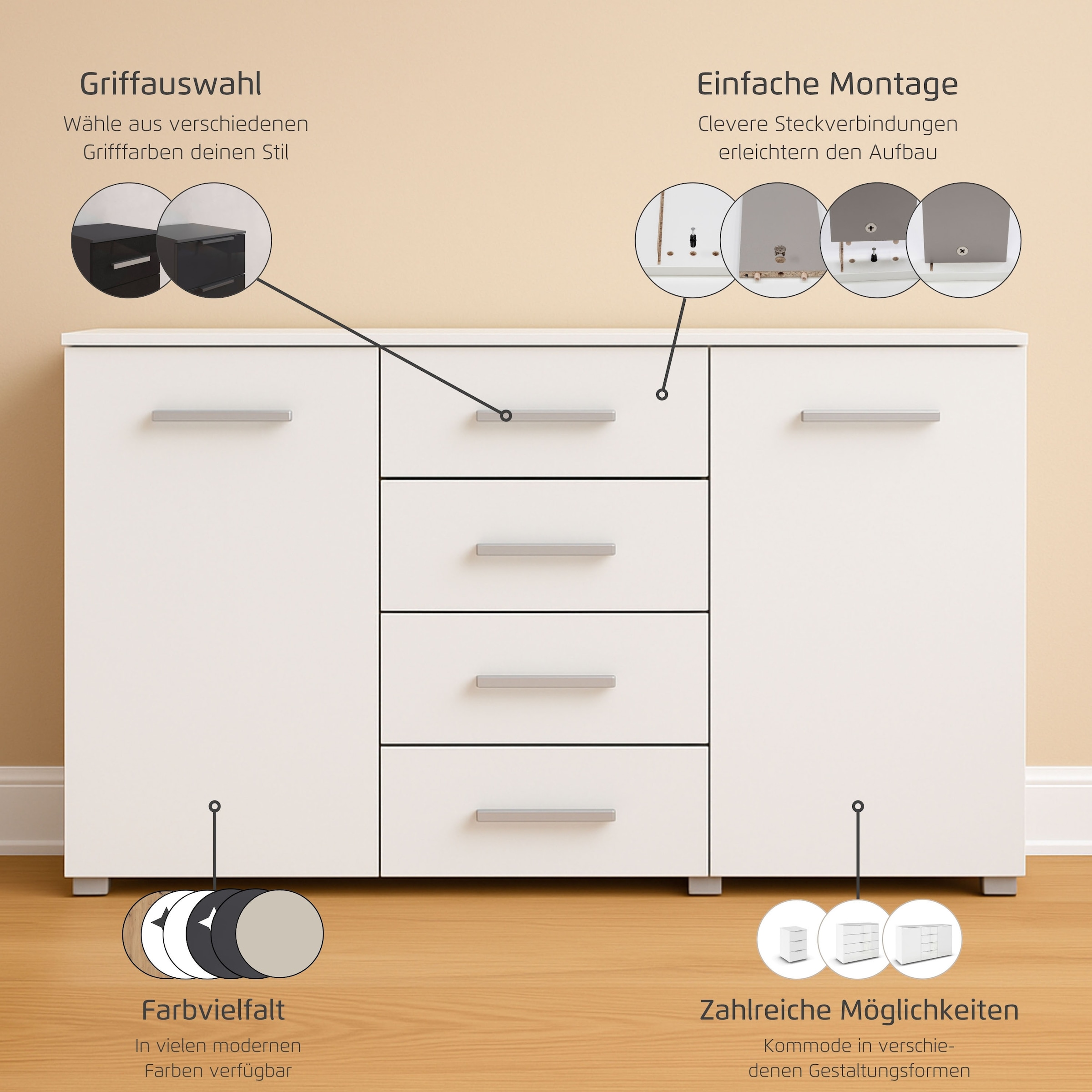 rauch Schubkastenkommode »Sideboard Kommode Kombikommode KOLUNA mit Dekorfront« Breite 120 cm mit moderner Dekorfront,  vier grosse Schubladen, mit insgesamt 4 Einlegeböden MADE IN GERMANY