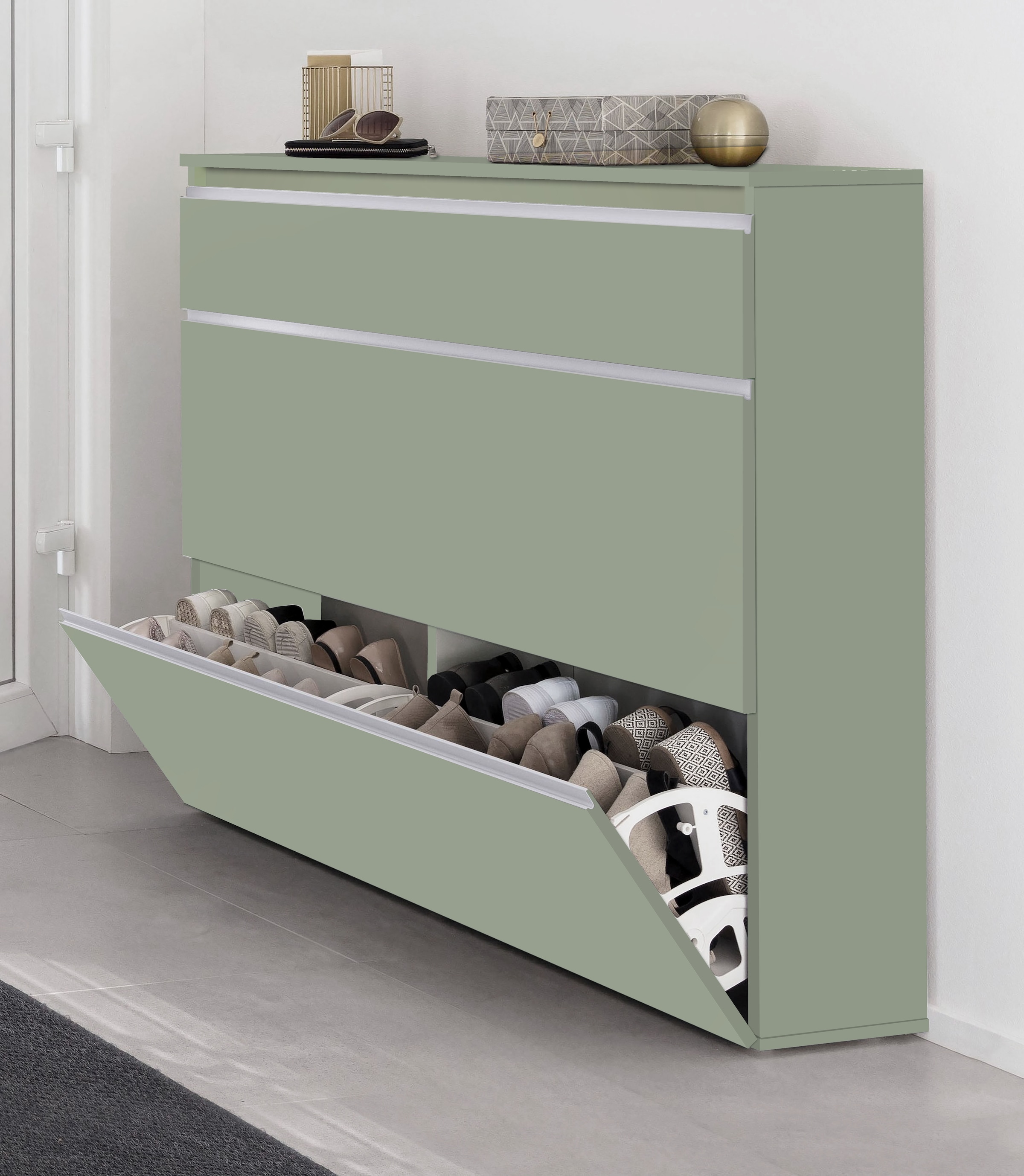 INOSIGN Schuhschrank »Magic Schuhschrank, Schuhkommode, Schuhregal, softgriff« 3 Klappen,Doppelschuhtrommeln,hochglanz lackiert oder matt,Breite 120