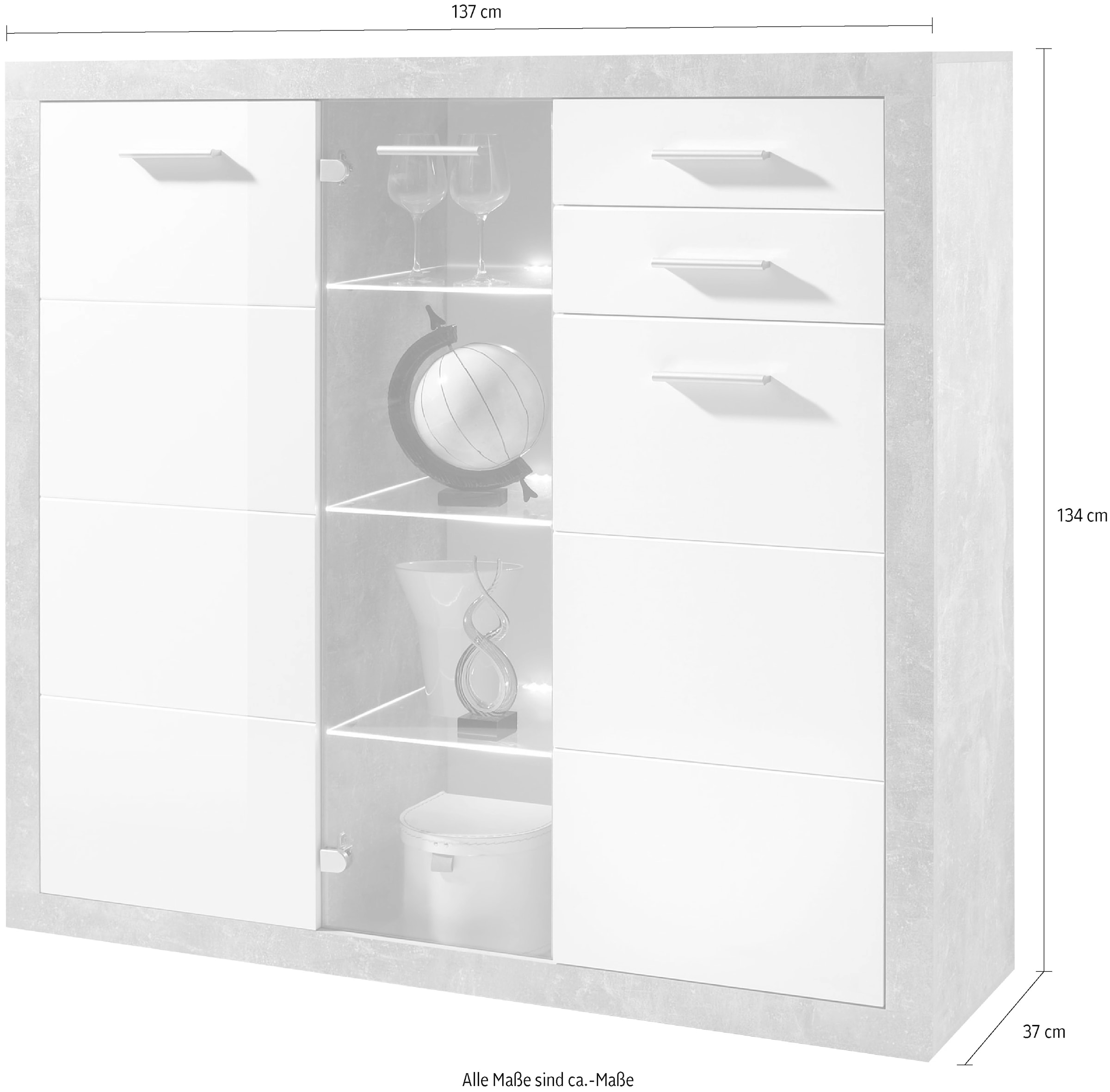 HBZ Highboard »Stone weiss Hochglanz, Wohnzimmerschrank BxHxT 137x134x37 cm« 1 Stk. tlg. Mit 2 Türen, 1 Glastür, 5 Einlegeböden und 3 Glasböden
