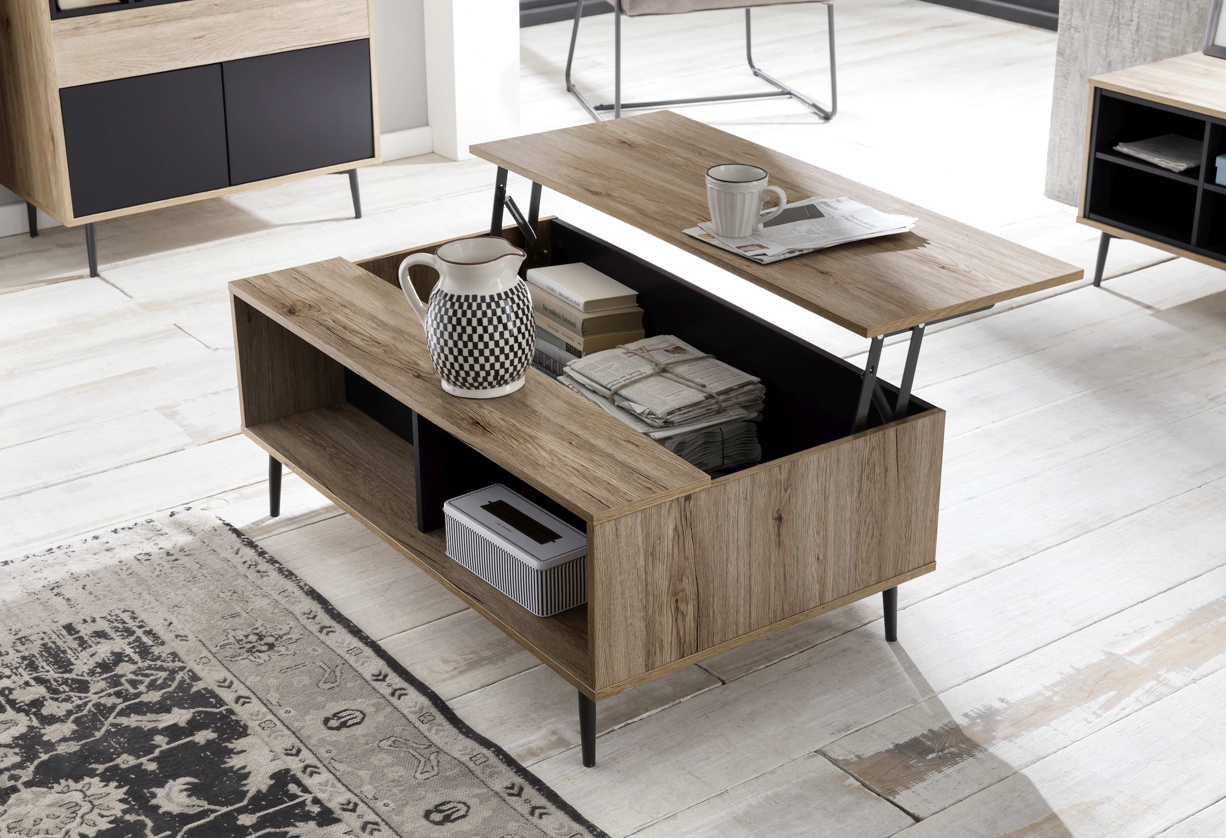SIT Table basse »Mértola im Scandi-Stil mit 2 offenen Fächern und Ausziehplatte« Plateau réglable en hauteur avec surface de rangement extensible
