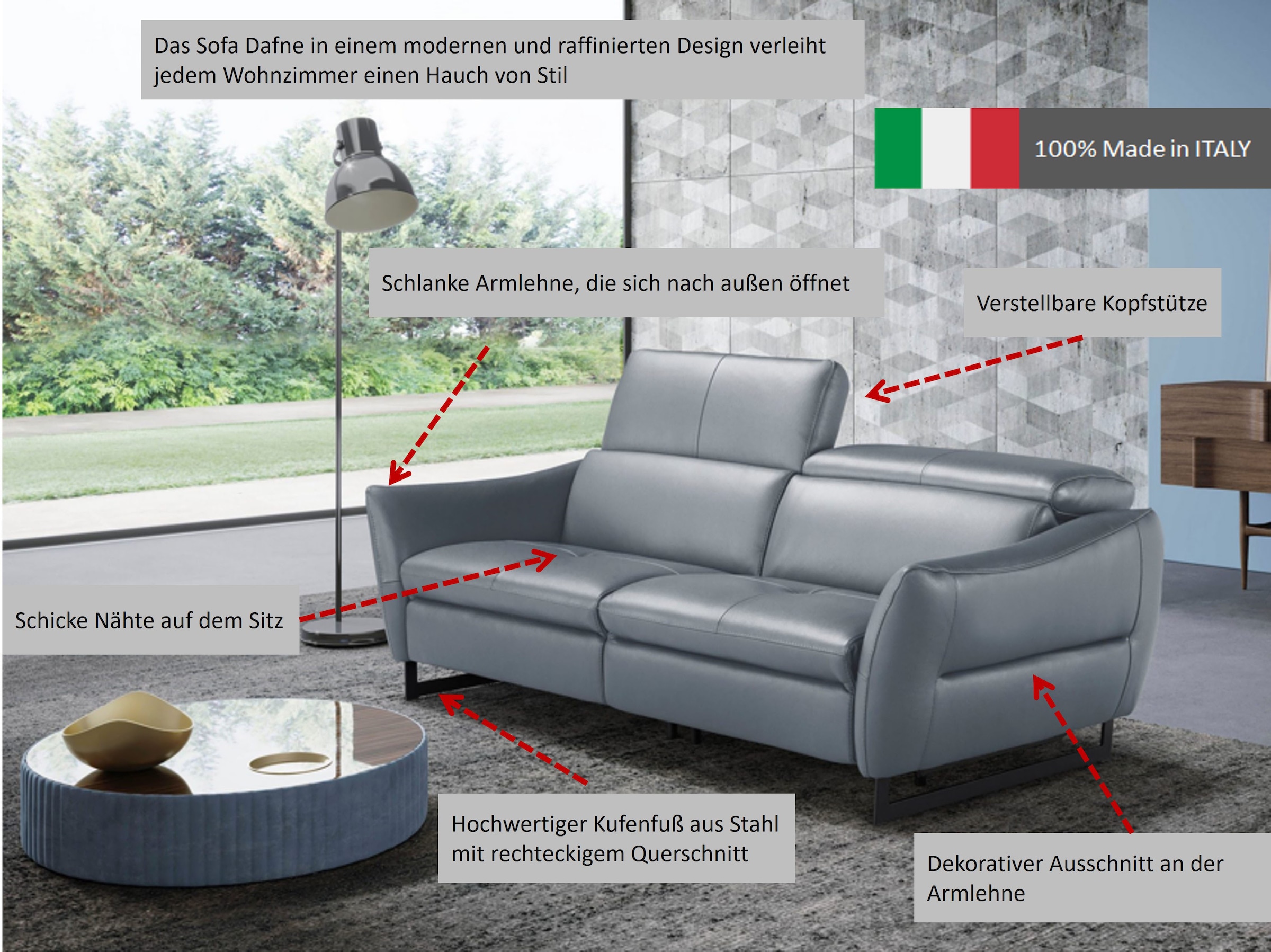 Egoitaliano 2,5-Sitzer »Dafne, elegantes Designsofa mit hohem Sitzkomfort« wahlw. mit elektrischer Relaxfunktion, Kopfteile manuell verstellbar