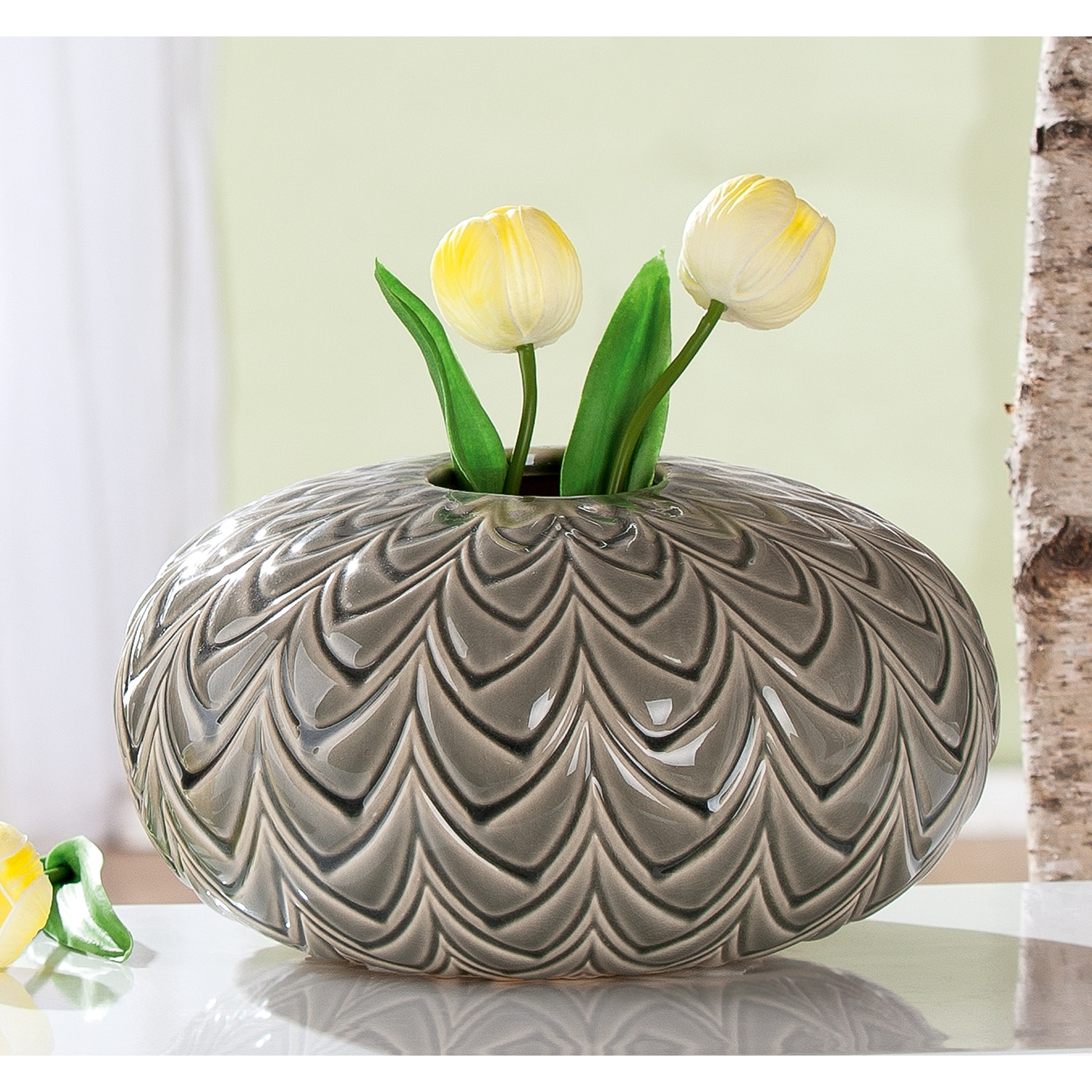 GILDE Vase de table »Vase bauchig Lamello grün H. 15 cm« Vase, Lamello, vase structurée, décorative, de haute qualité, décoration de sol