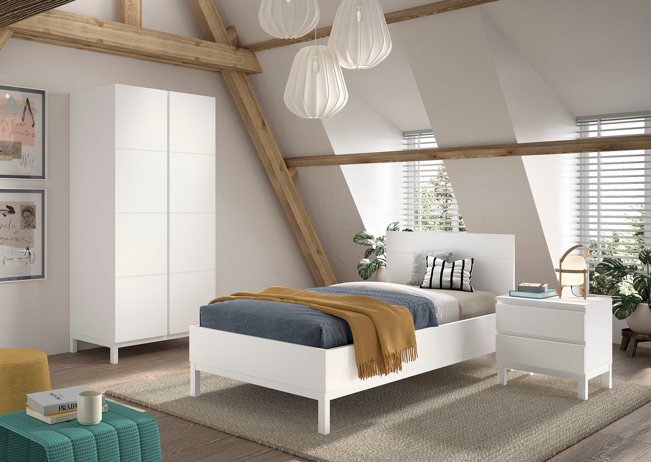 Vipack Set de chambre d'adolescent »Set best. aus Einzelbett 90/200, Nachtkonsole, Kleiderschrank 2-trg.« 3 cuis tlg. design épuré, surface laquée facile d'entretien en blanc