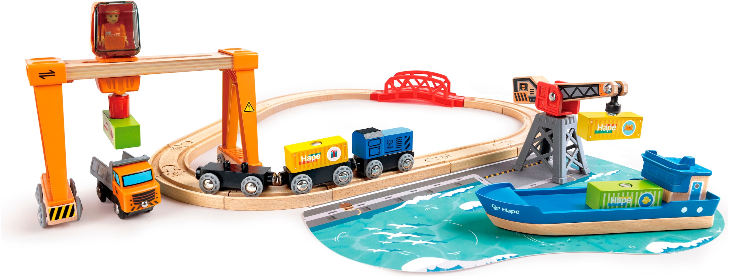 Hape Spielzeug-Schiff »Frachtschiff und Hafenkran«