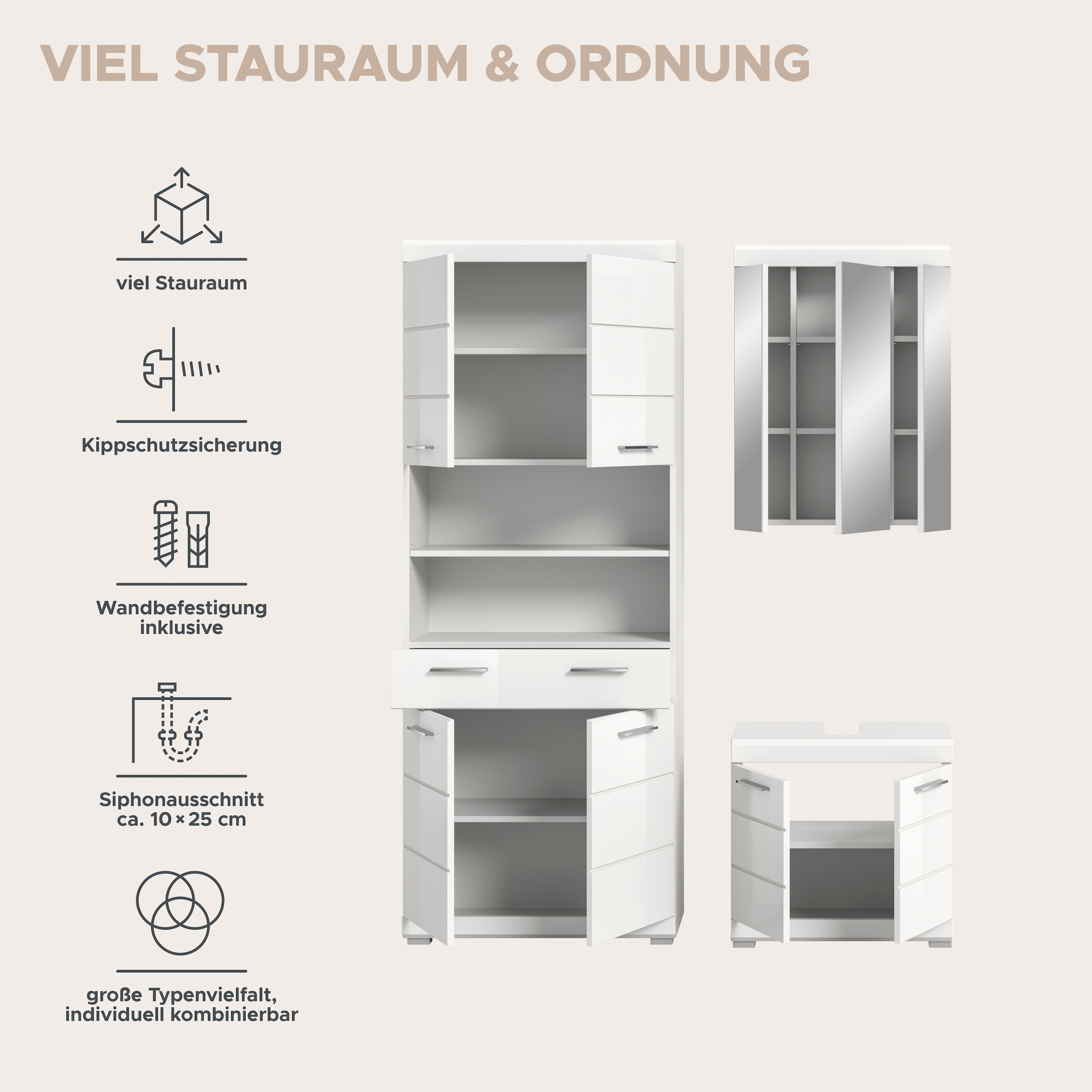welltime Ensemble de meubles de salle de bain »SIENA, TOPSELLER!, Breite 149cm, 3-teiliges Set« Ensemble, composé de : armoire haute, meuble sous lavabo et armoire miroir, 3 cuis tlg.