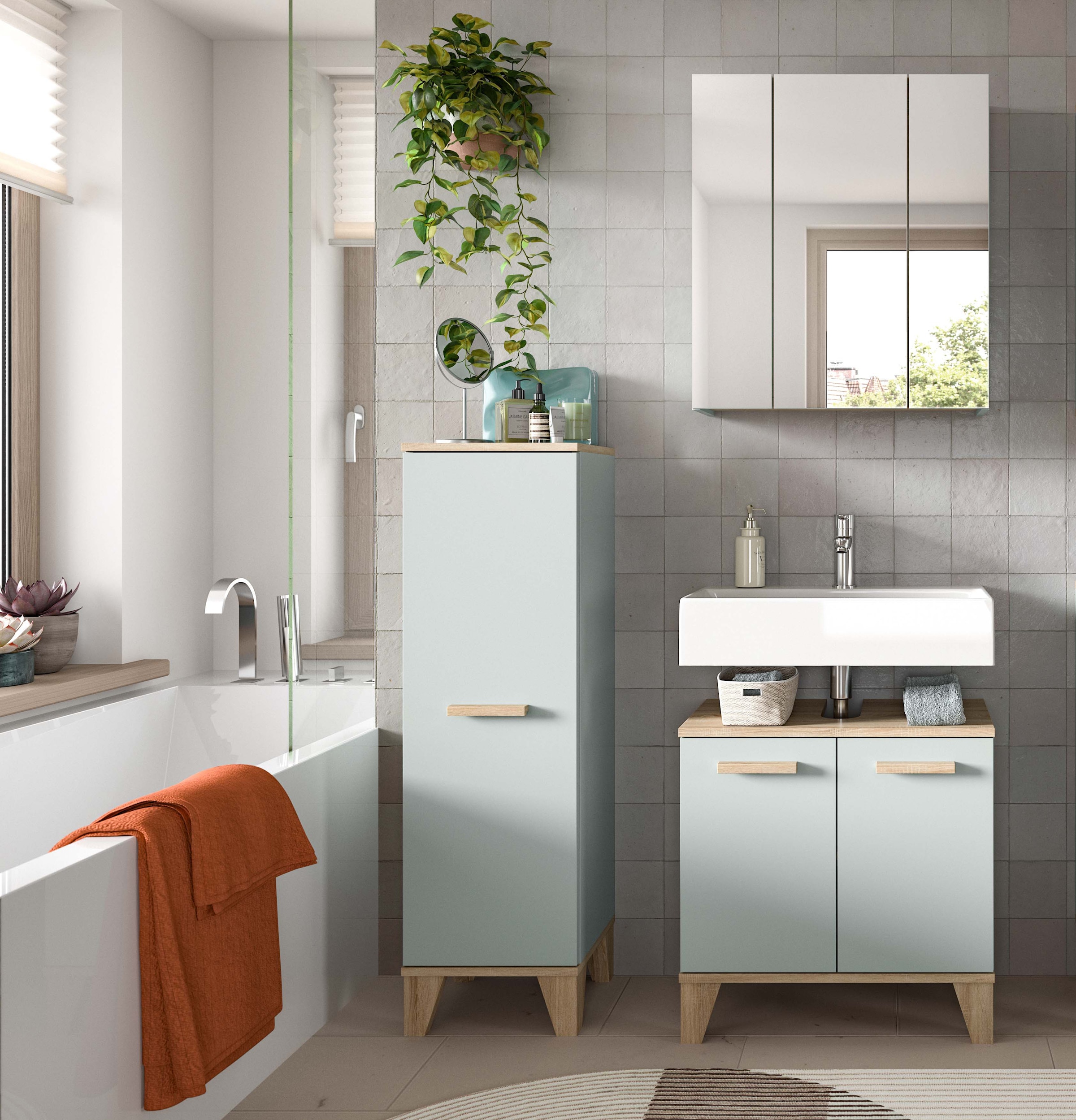 welltime Ensemble de meubles de salle de bain »MINTTU, 3-teilige moderne Badkombination im SCANDI-Look« bestehend aus: Midischrank, Waschbeckenunterschrank & Spiegelschrank, 3 cuis tlg.