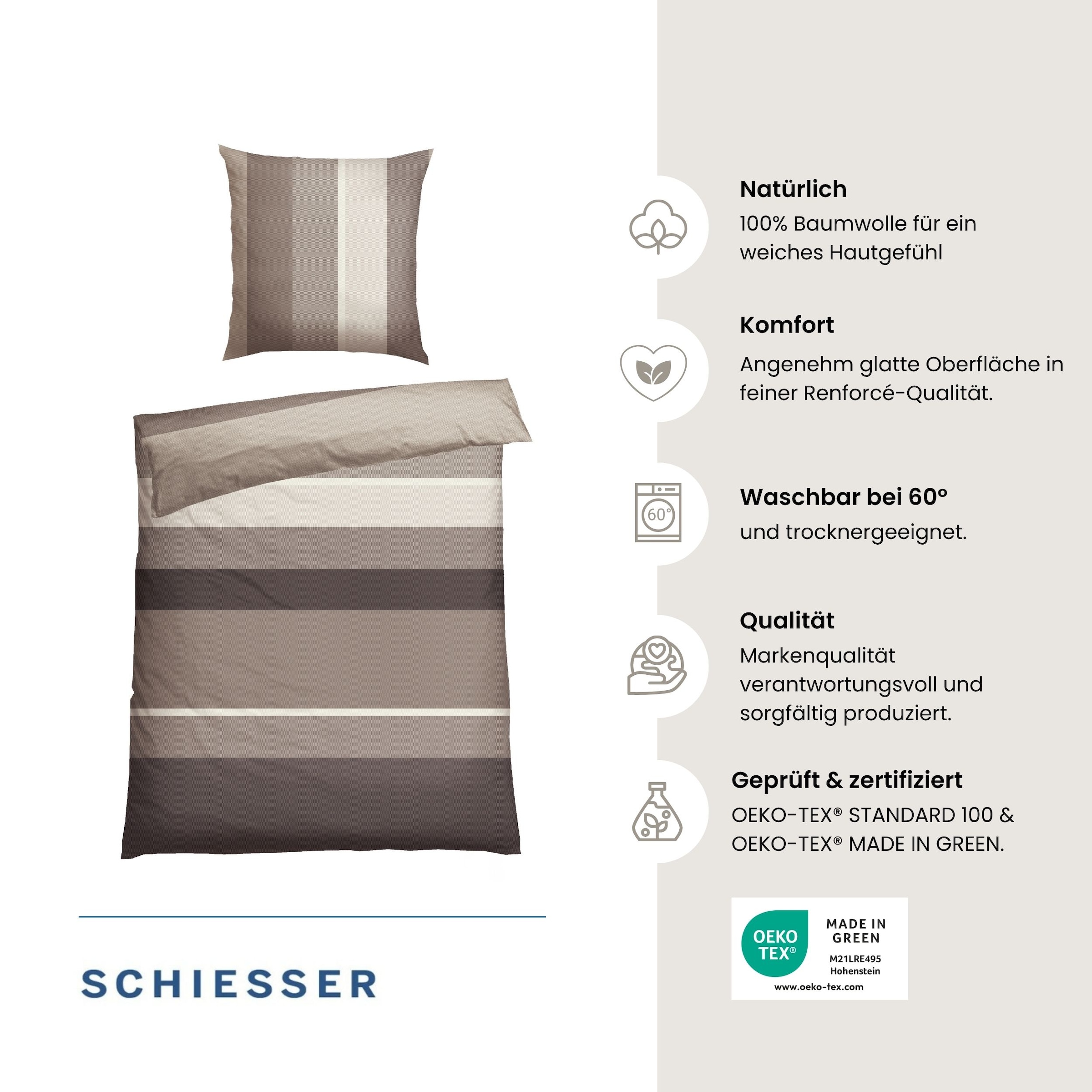 Schiesser Linge de lit »Endy Stripes aus weicher Baumwolle mit grossen und kleinen Streifen« 2 cuis Made in Green