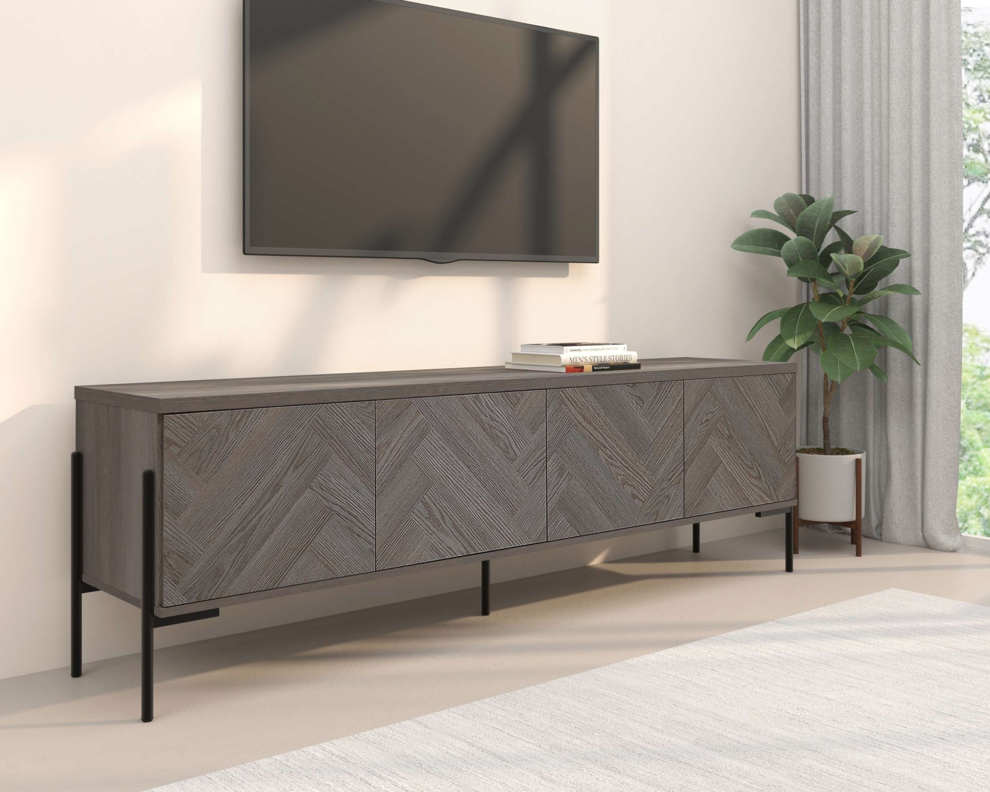 Leonique Lowboard »Eadwine« TV-Kommode, Push-to-open, Türen mit Fischgräten Muster, Breite 175 cm