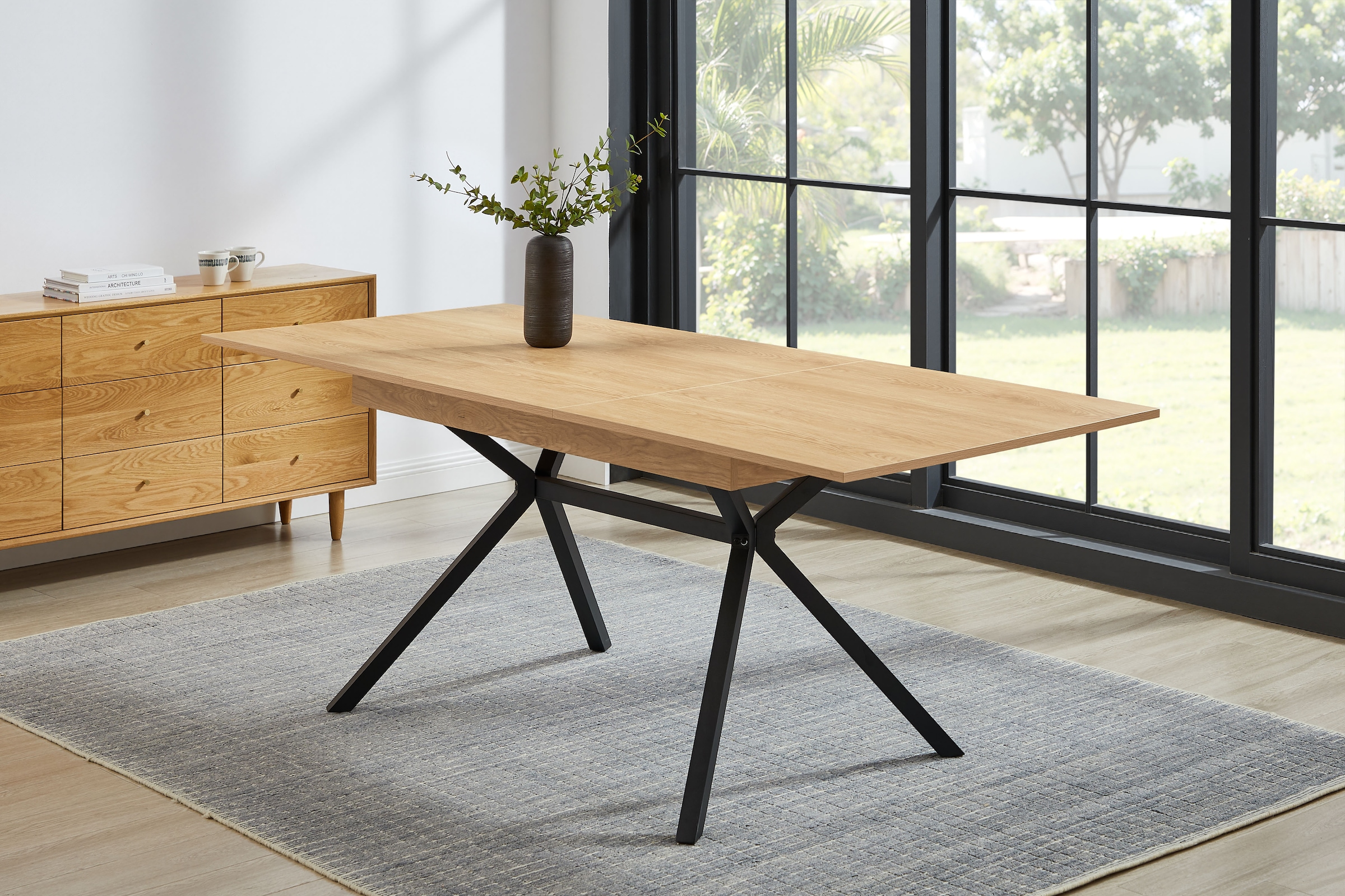 GOODproduct Essgruppe »Vendy, Esstisch ausziehbar plus 6 Freischwinger« Set, Esstisch ausziehbar 160 - 210 cm plus 6 Esszimmerstühle, 7 Stk. tlg. pflegeleichte Strukturstoff-Stühle, 3D-Steppung, ausziehbarer Tisch