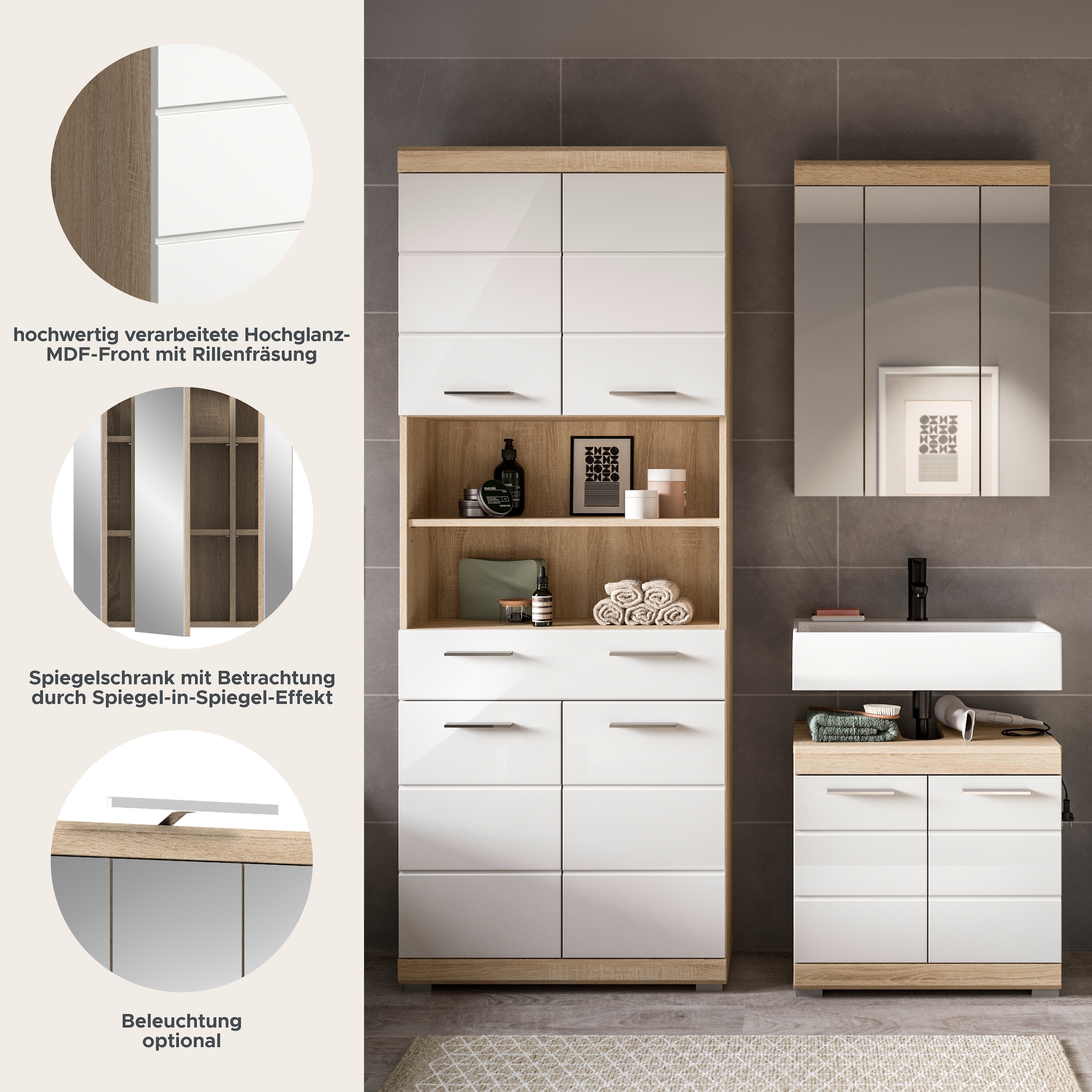 INOSIGN Ensemble de meubles de salle de bain »SIENA, TOPSELLER!, Breite 149cm, 3-teiliges Set« Set, bestehend aus: Hochschrank, Waschbeckenunterschrank & Spiegelschrank, 3 cuis tlg.