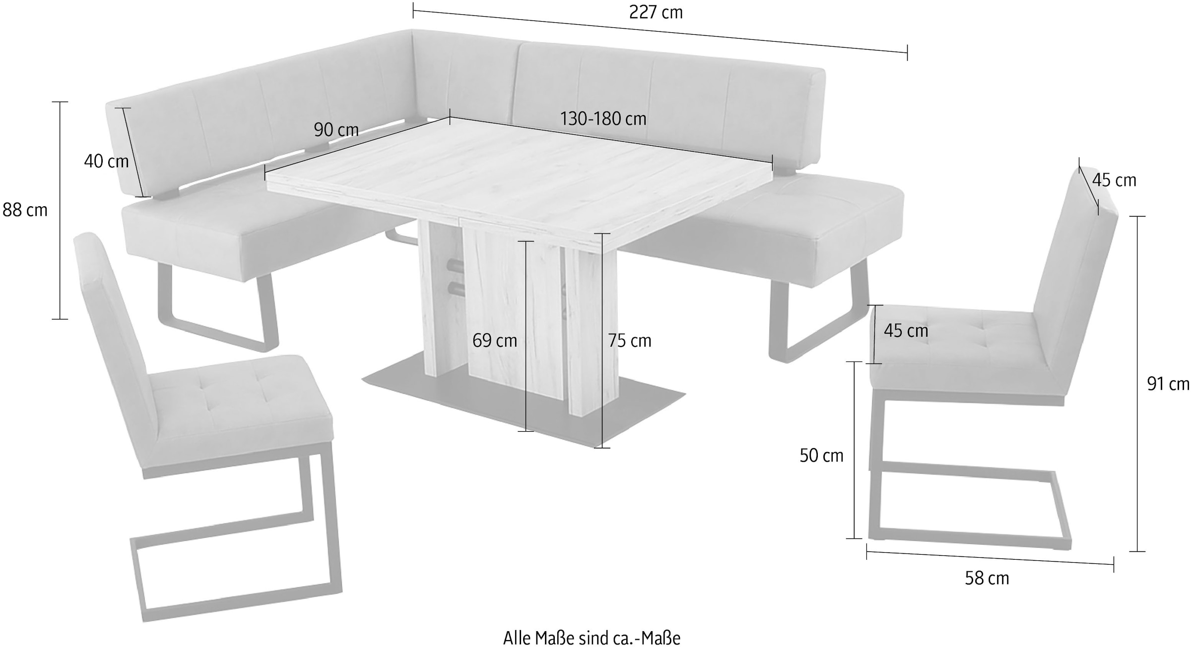 K+W Komfort & Wohnen Ensemble de salle à manger »Spider II« 4 cuis tlg. longue jambe au choix en 2 largeurs, 2 fauteuils à bascule, 1 table