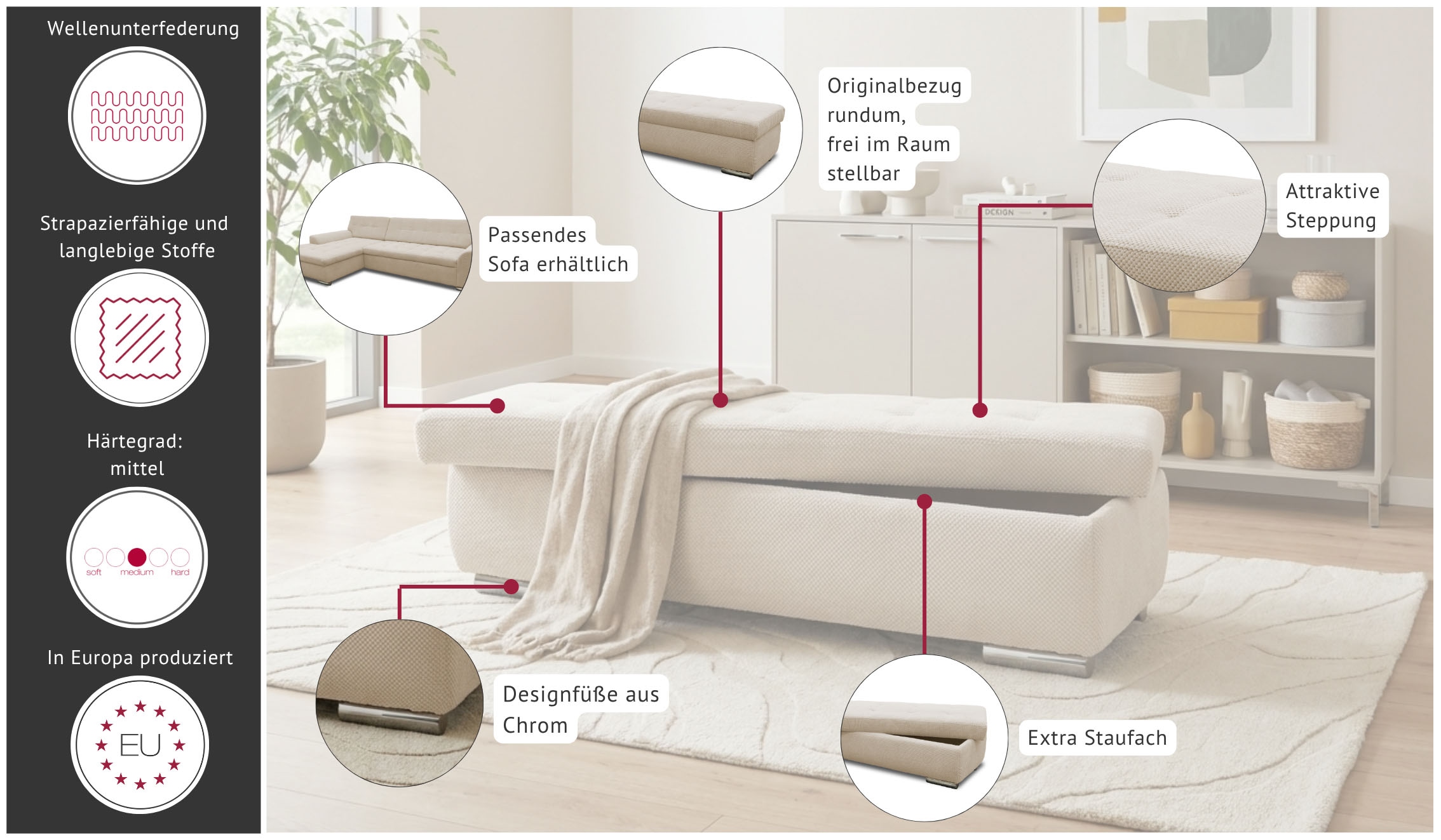 GOODproduct Hocker »Torrnby, 161 cm breit, extra gross mit grossem Staufach« aus Luxus-Microfaser oder haustierfreundlichem Pet Friendly Bezug