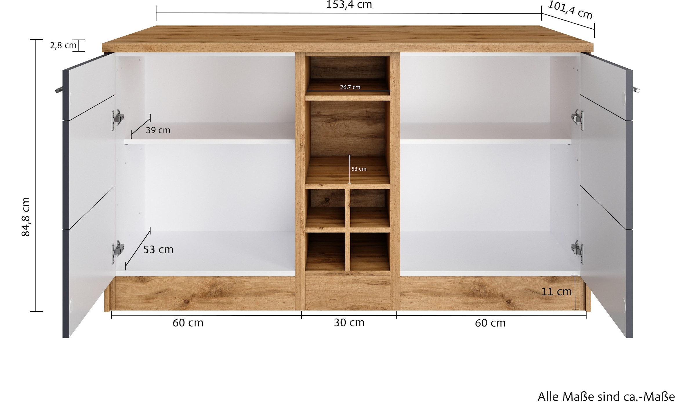 KOCHSTATION Ilot de cuisine »KS-Wien« largeur 153 cm, façades MDF, casier à bouteilles
