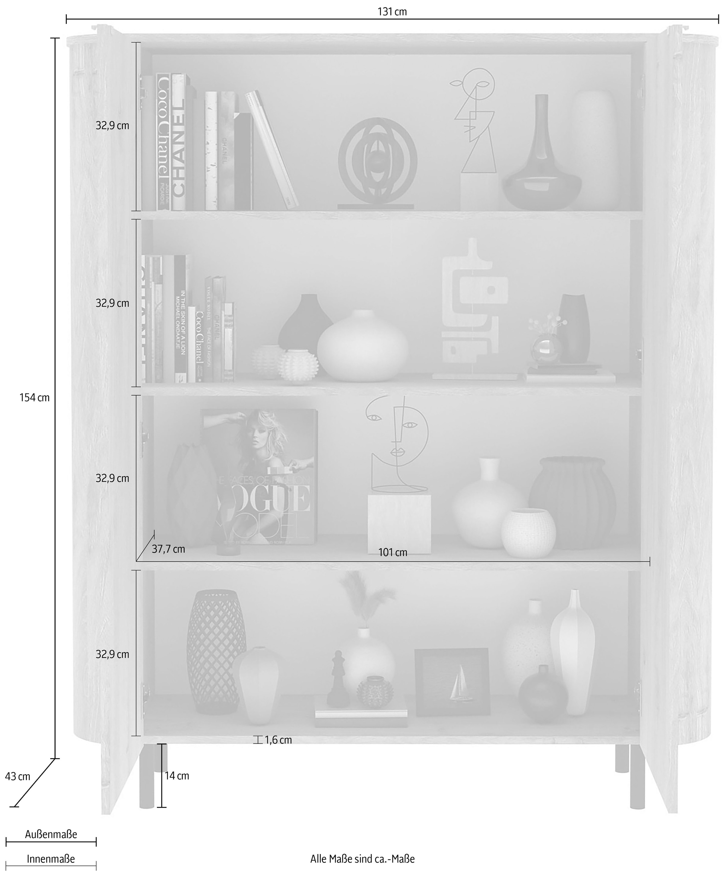 Home affaire Buffet haut »Murano, B/H 131/154 cm, 2 Türen, Stauraumschrank, Hochkommode« Formgebogenes MDF, Stirnseiten mit Rundung, Füsse und Griffe aus Metall